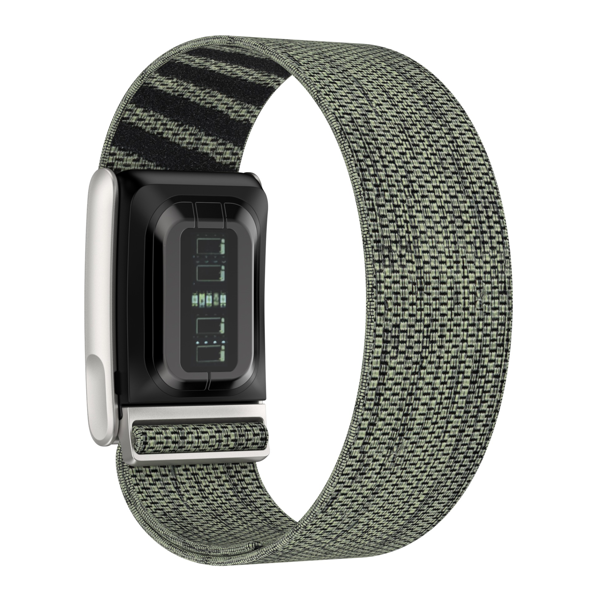 Smartwatch mit schwarzem Bildschirm und grünem Stoffband. Das Band hat ein gewebtes Muster. Die Uhr befindet sich auf weißem Hintergrund.