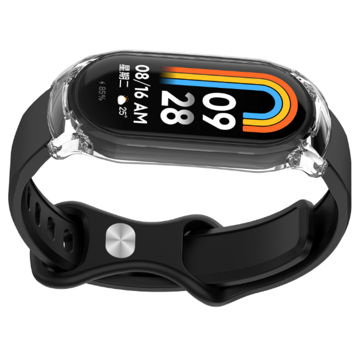 Uno smartwatch nero con una protezione trasparente. Lo schermo mostra data, ora e percentuale della batteria. Il cinturino è nero e attaccato.