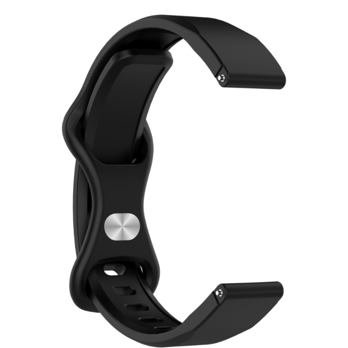 Un cinturino nero per orologio è mostrato su sfondo bianco. Il cinturino ha una forma a C, con un bottone metallico e fori.