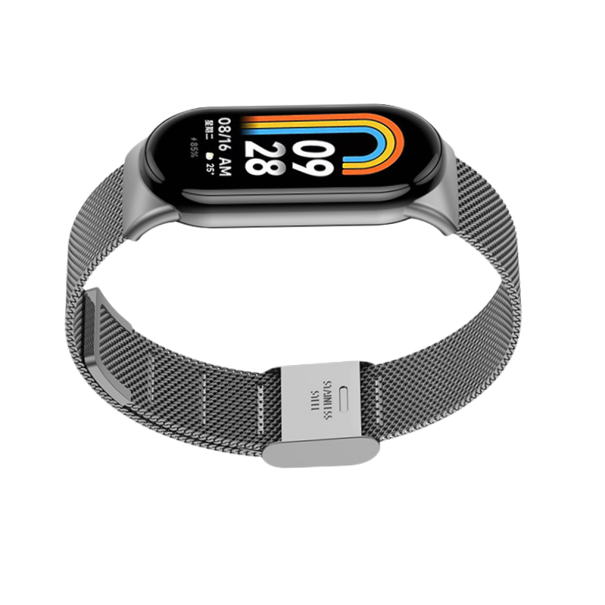 Eine silberne Smartwatch mit schwarzem Bildschirm, der Uhrzeit und Datum anzeigt, auf weißem Hintergrund. Das Armband ist aus Metallgeflecht.
