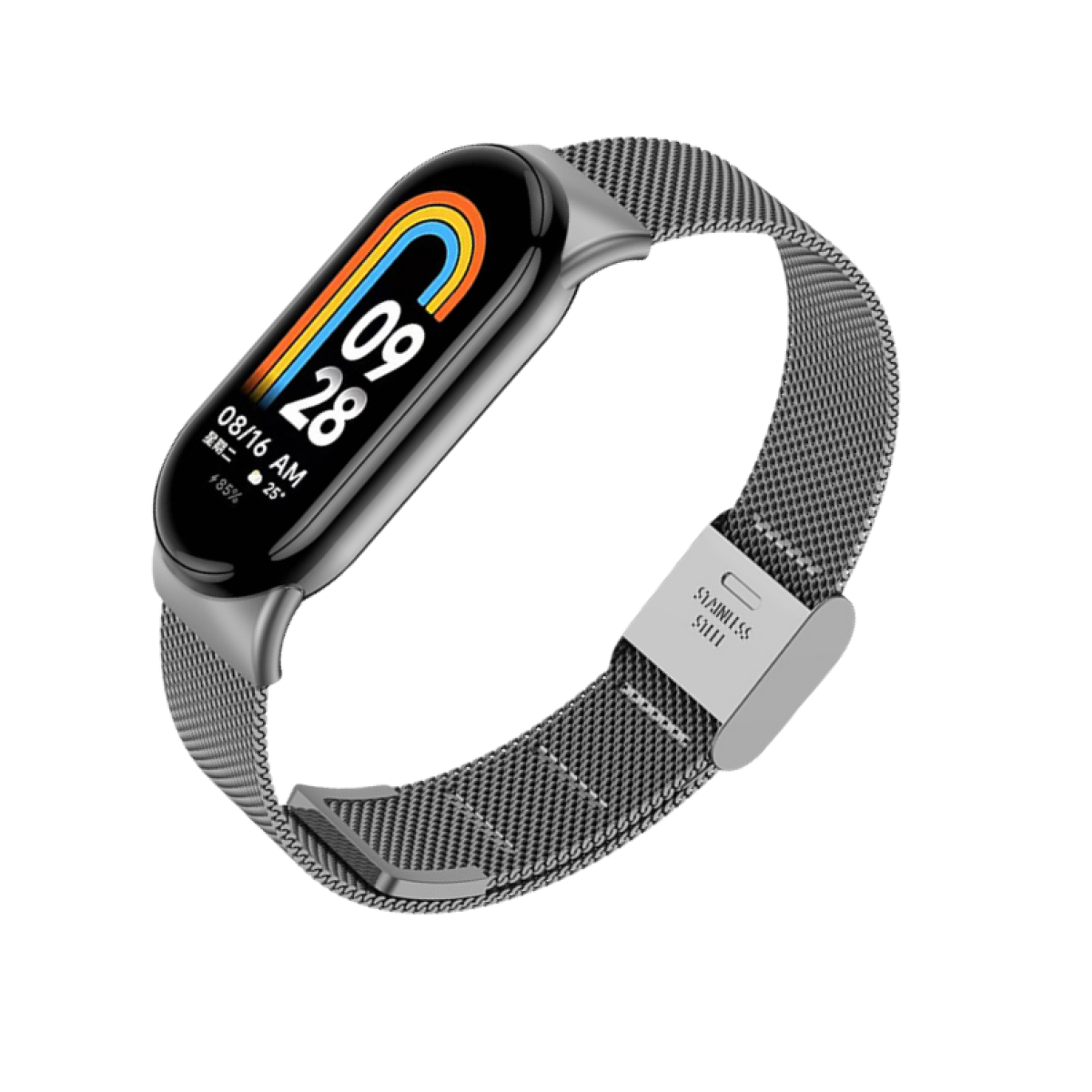 Eine silberne Smartwatch mit schwarzem Bildschirm, der Zeit und Datum anzeigt. Das Armband ist aus Mesh mit Edelstahlverschluss.
