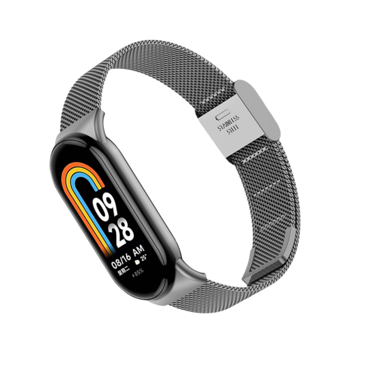 Ein silberner Fitnesstracker mit Mesh-Armband. Der Bildschirm zeigt Datum, Uhrzeit und Akkustand an. Die Worte "STAINLESS STEEL" sind sichtbar.