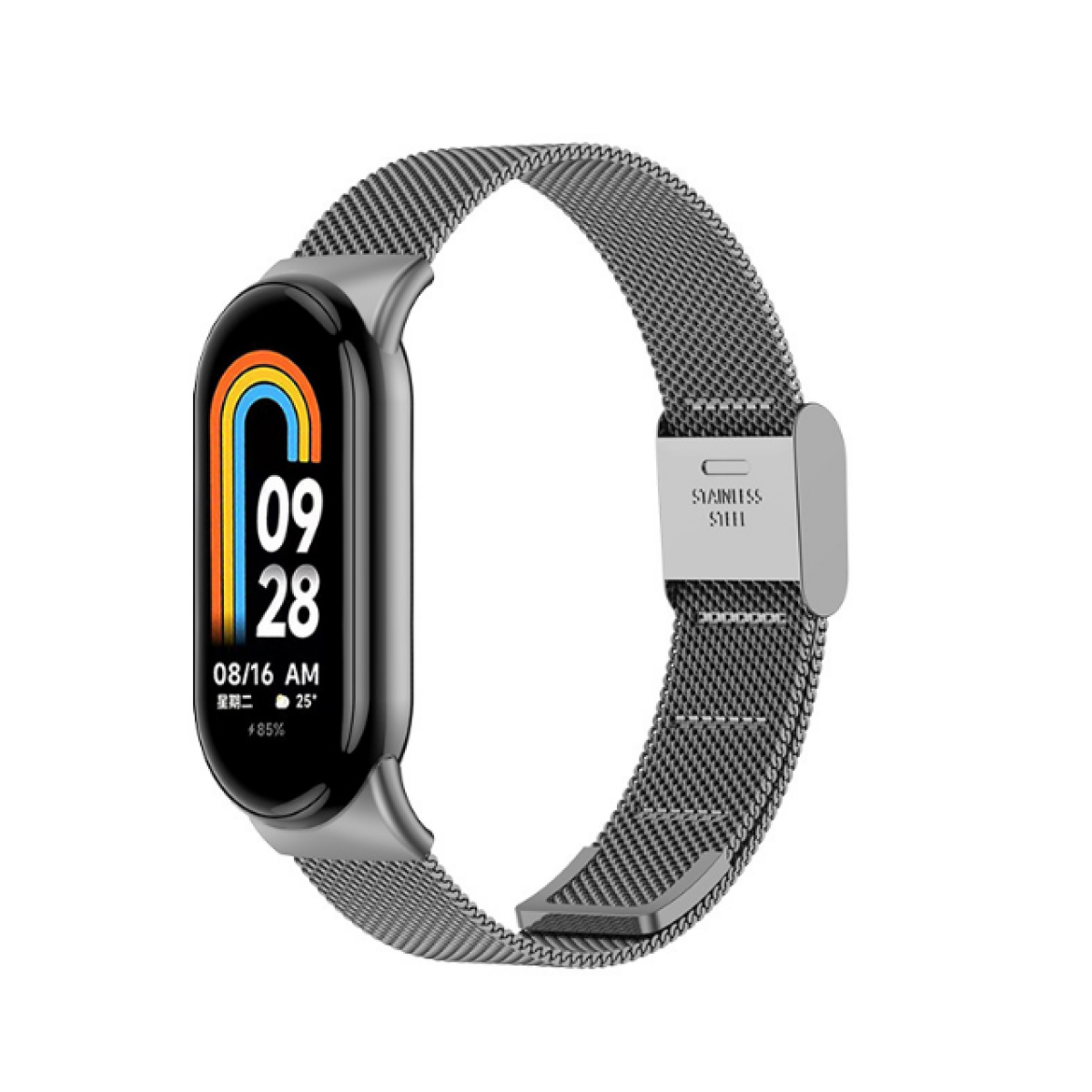 Eine Smartwatch mit Metallband. Das Zifferblatt zeigt Datum und Uhrzeit an. Das Armband ist aus Edelstahl.