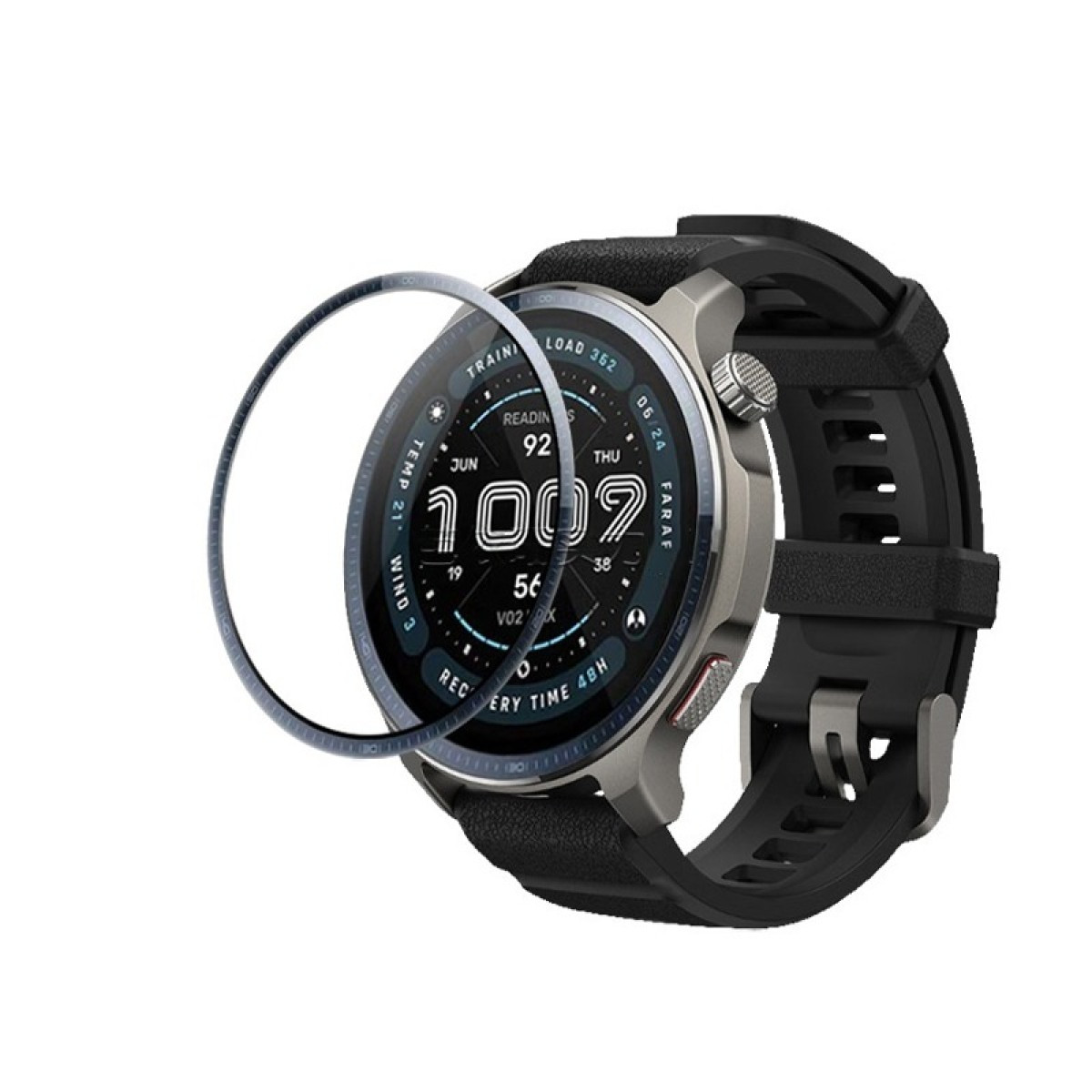 Uno smartwatch con cinturino nero e cassa argentata. Lo schermo mostra ora, data e metriche di salute. Un anello protettivo fluttua sopra.