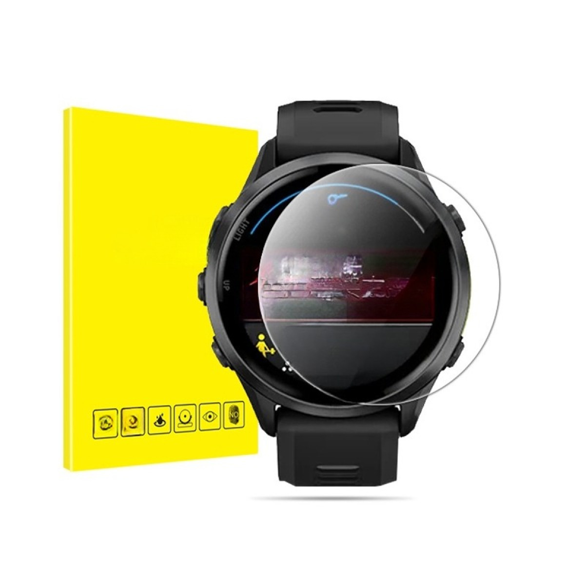 Eine schwarze Smartwatch mit Displayschutzfolie neben einer gelben Schachtel. Das Zifferblatt zeigt eine Stadtlandschaft. Der Hintergrund ist weiß.