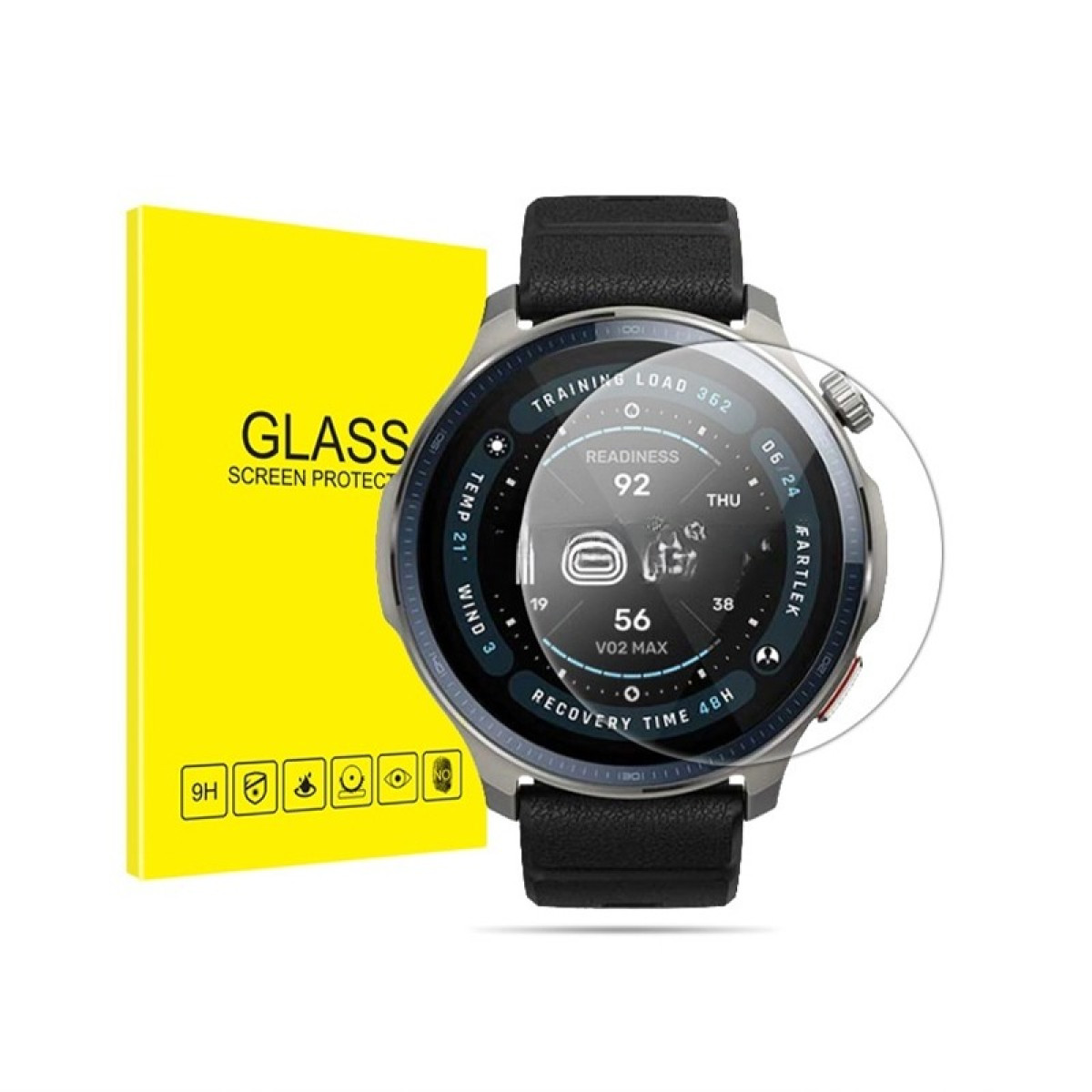 Uno smartwatch con protezione schermo e una scatola gialla di protezione schermo GLASS. L'orologio mostra i dati sanitari.