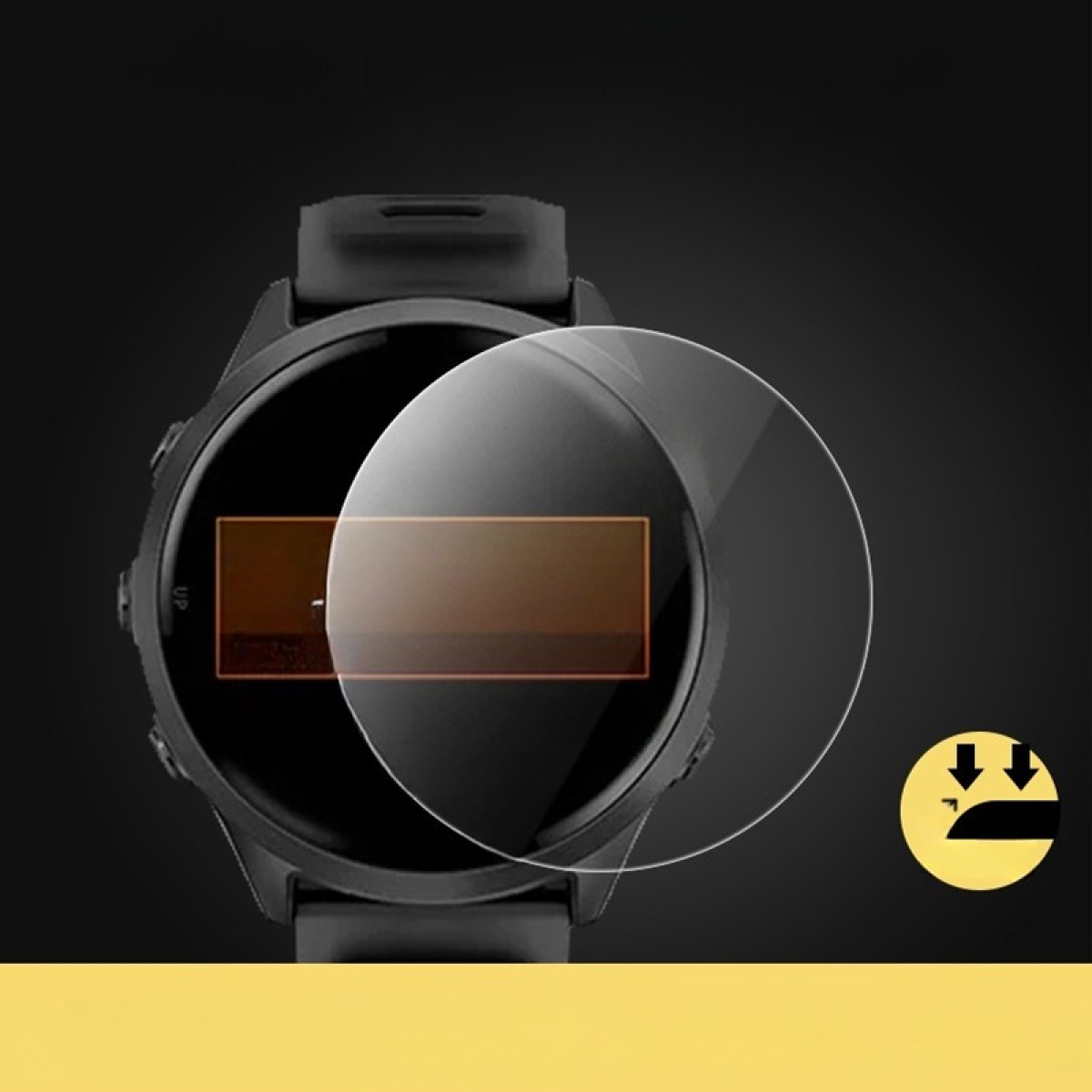 Uno smartwatch nero con protezione schermo. L'orologio mostra uno schermo con un rettangolo arancione. Piccolo cerchio giallo con frecce a destra.