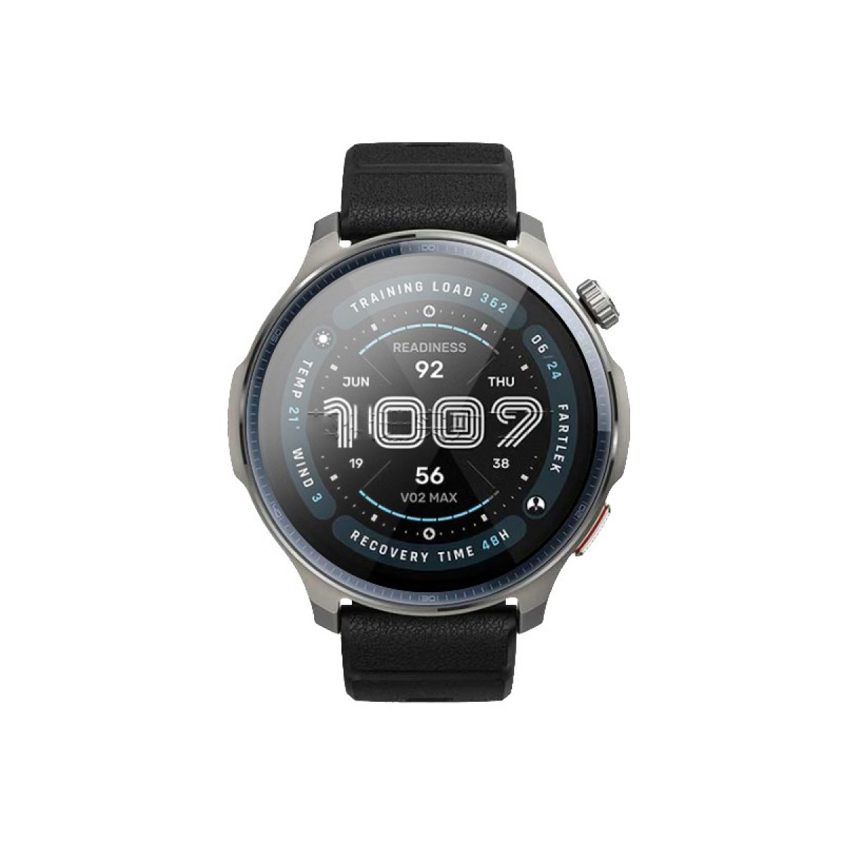Uno smartwatch con cinturino in pelle nera, che mostra dati come prontezza, ora e VO2 max.