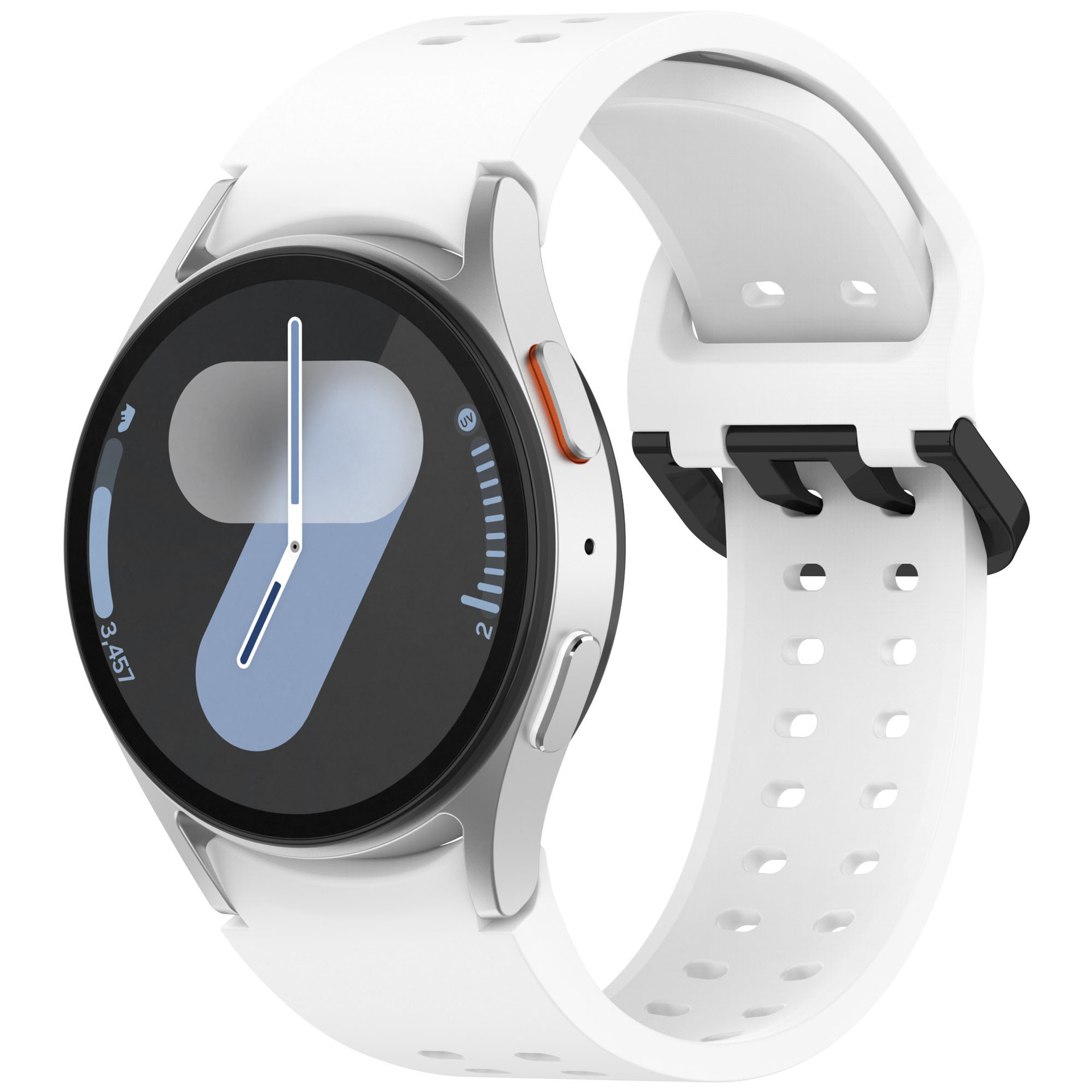 Weiße Smartwatch mit weißem Armband. Das Zifferblatt zeigt eine hellblaue Neun und hat silberne Knöpfe.