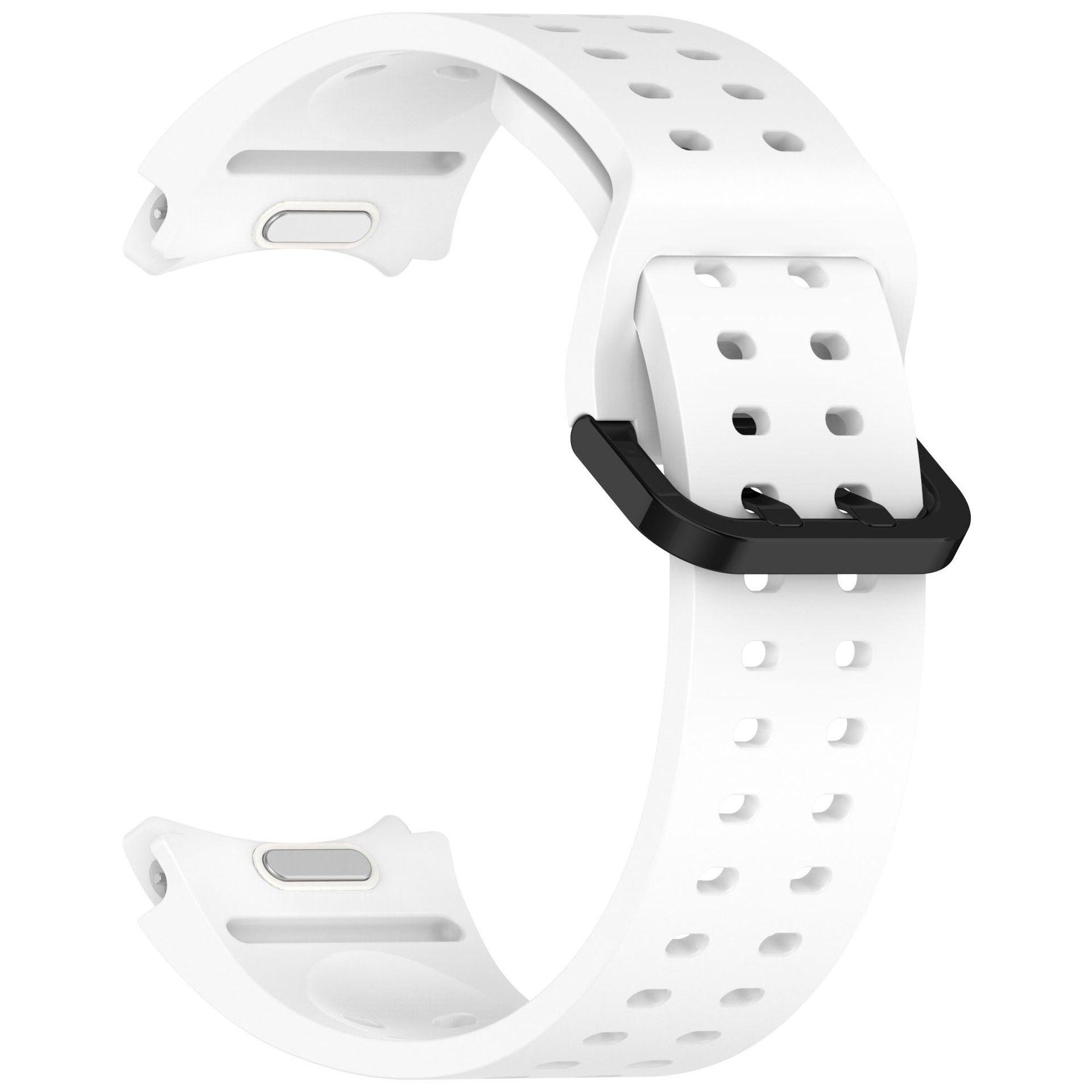 Weißes Uhrenarmband mit schwarzer Schnalle. Das Armband hat Löcher. Der Hintergrund ist weiß.