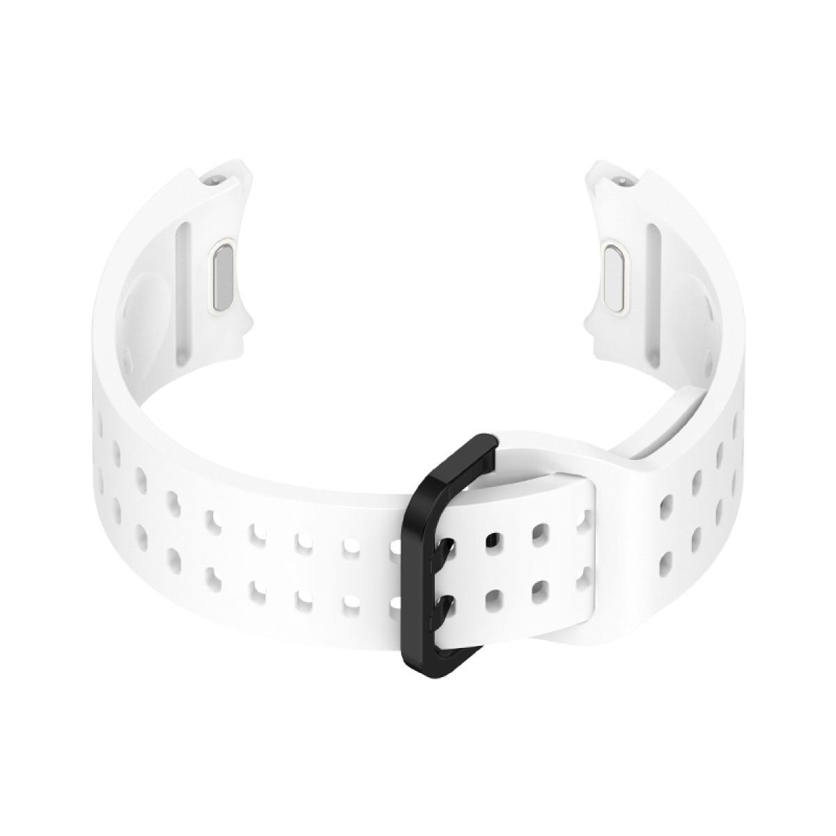 Weißes Uhrenarmband mit schwarzer Schnalle, perforiertes Design. Gebogene Form mit Anschlusspunkten an beiden Enden. Isoliert auf Weiß.