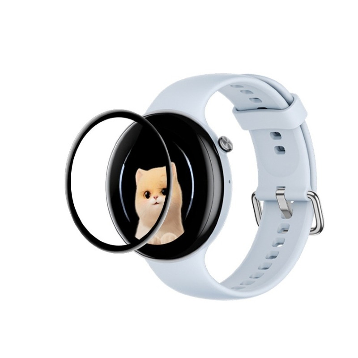 Uno smartwatch azzurro con l'immagine di un gatto sullo schermo. Un proteggi schermo è davanti.