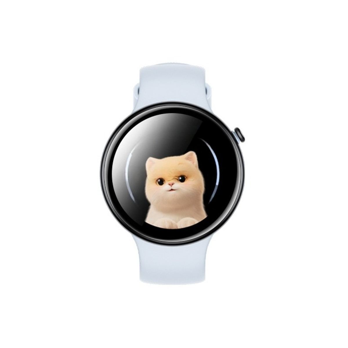 Uno smartwatch con cinturino bianco e schermo circolare nero che mostra un gatto dei cartoni animati. L'orologio è isolato.