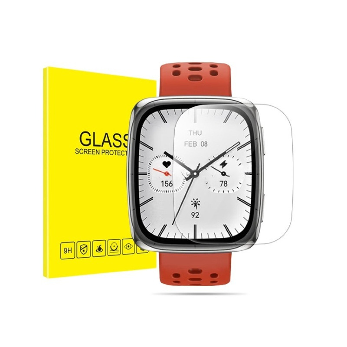 Smartwatch con cinturino rosso e protezione schermo. Scatola gialla a sinistra con scritta GLASS SCREEN PROTECT.