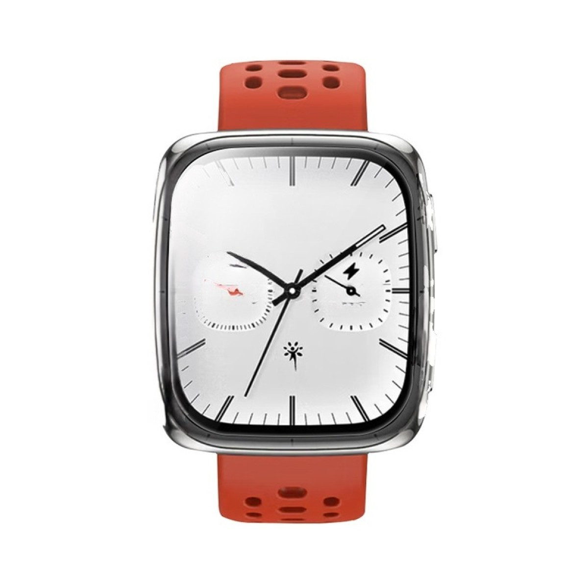 Uno smartwatch con quadrante bianco, lancette nere e cinturino rosso. L'orologio ha una cornice argentata.