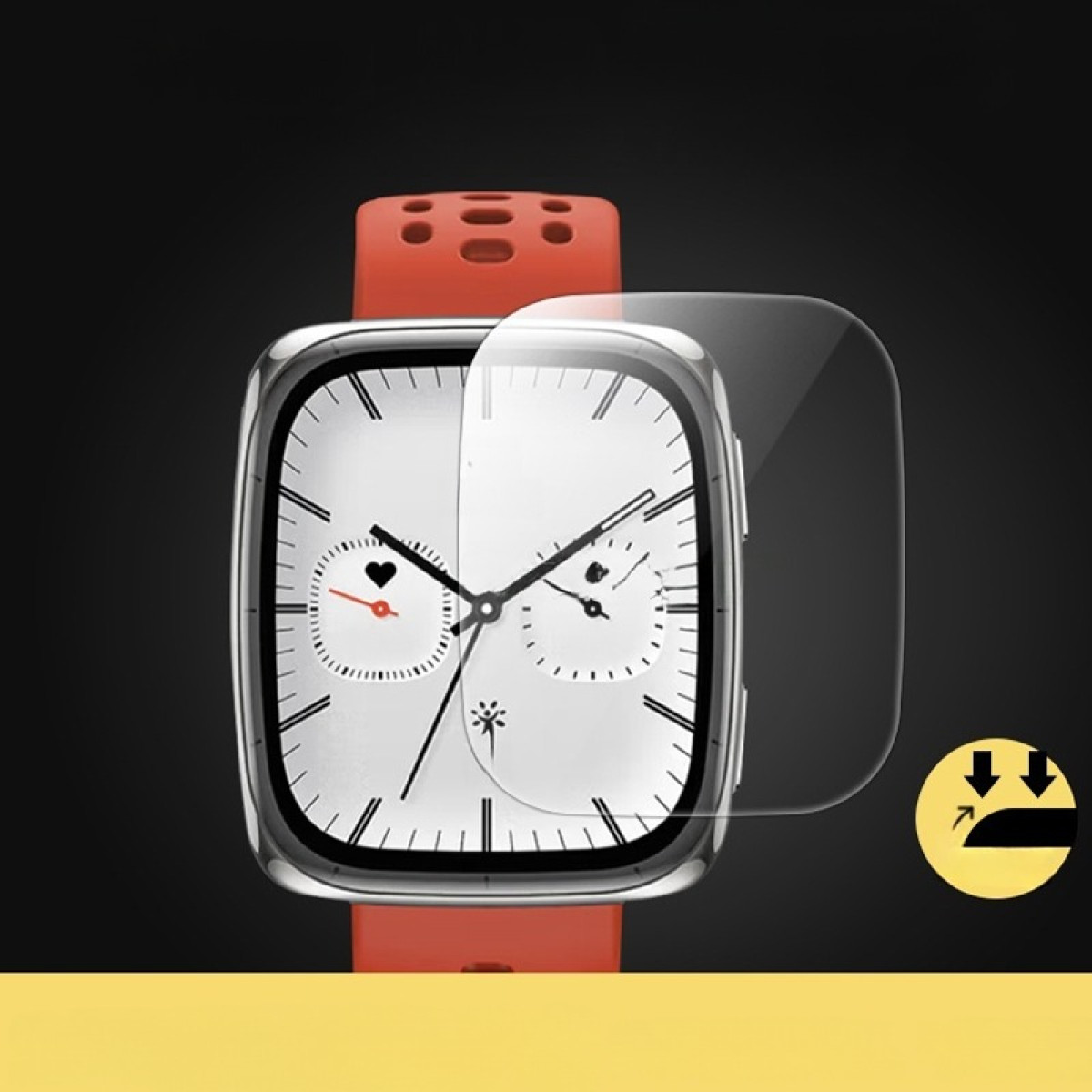Uno smartwatch con protezione schermo. L'orologio ha un cinturino rosso. Il quadrante è bianco con lancette nere. Sfondo scuro.