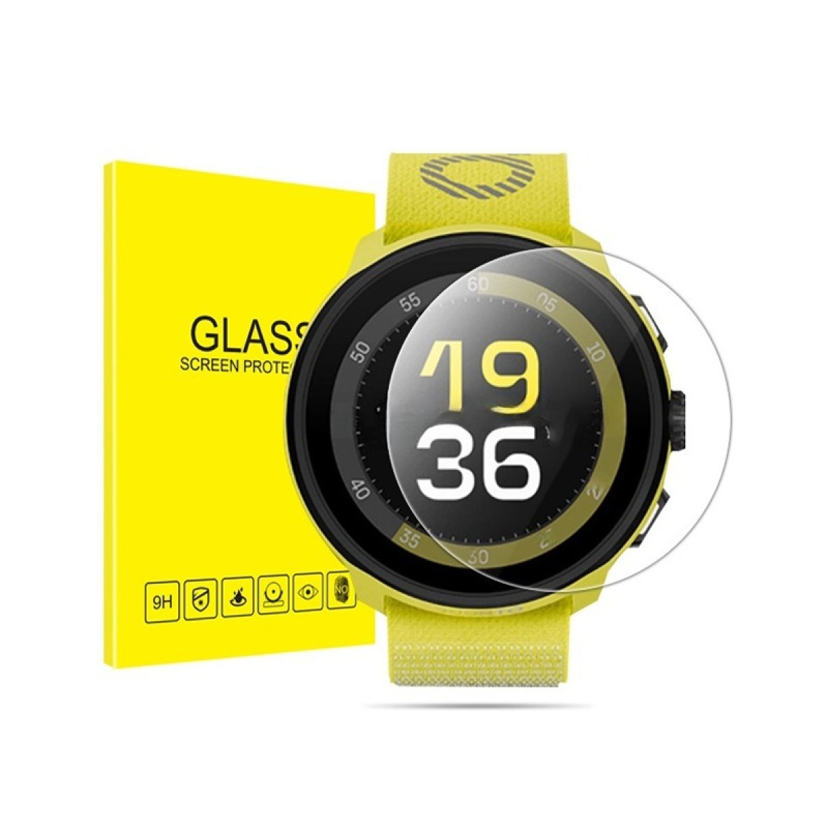 Uno smartwatch giallo con protezione schermo. Mostra l'ora 19:36. A sinistra una scatola gialla con la scritta 'GLASS'.