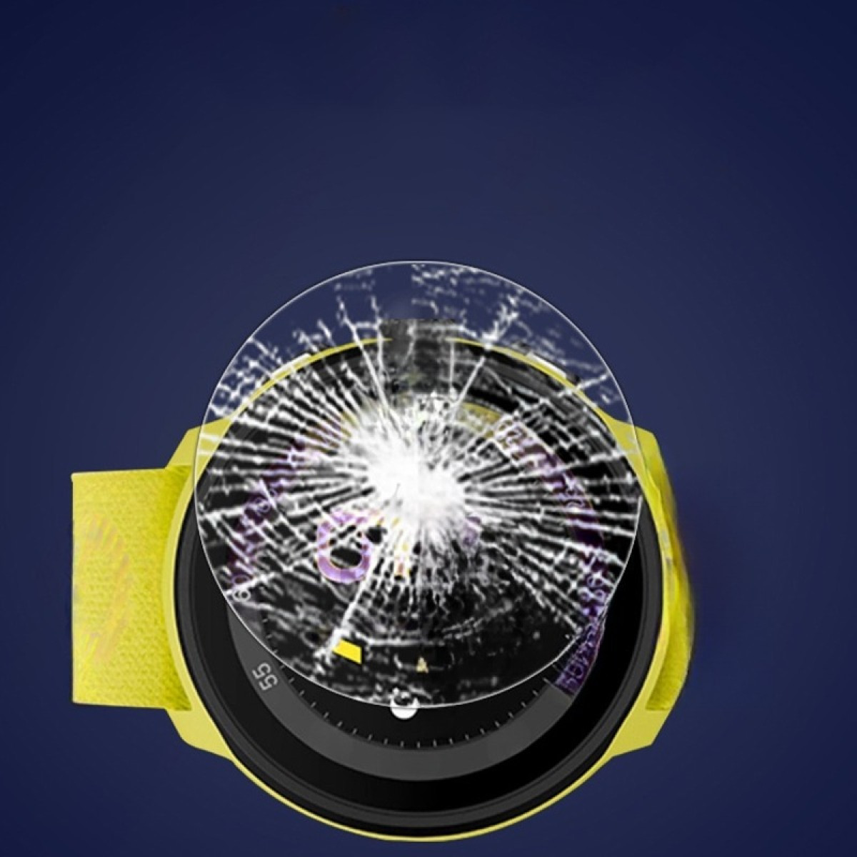 Uno smartwatch giallo con una protezione schermo rotta è centrato su uno sfondo blu scuro.