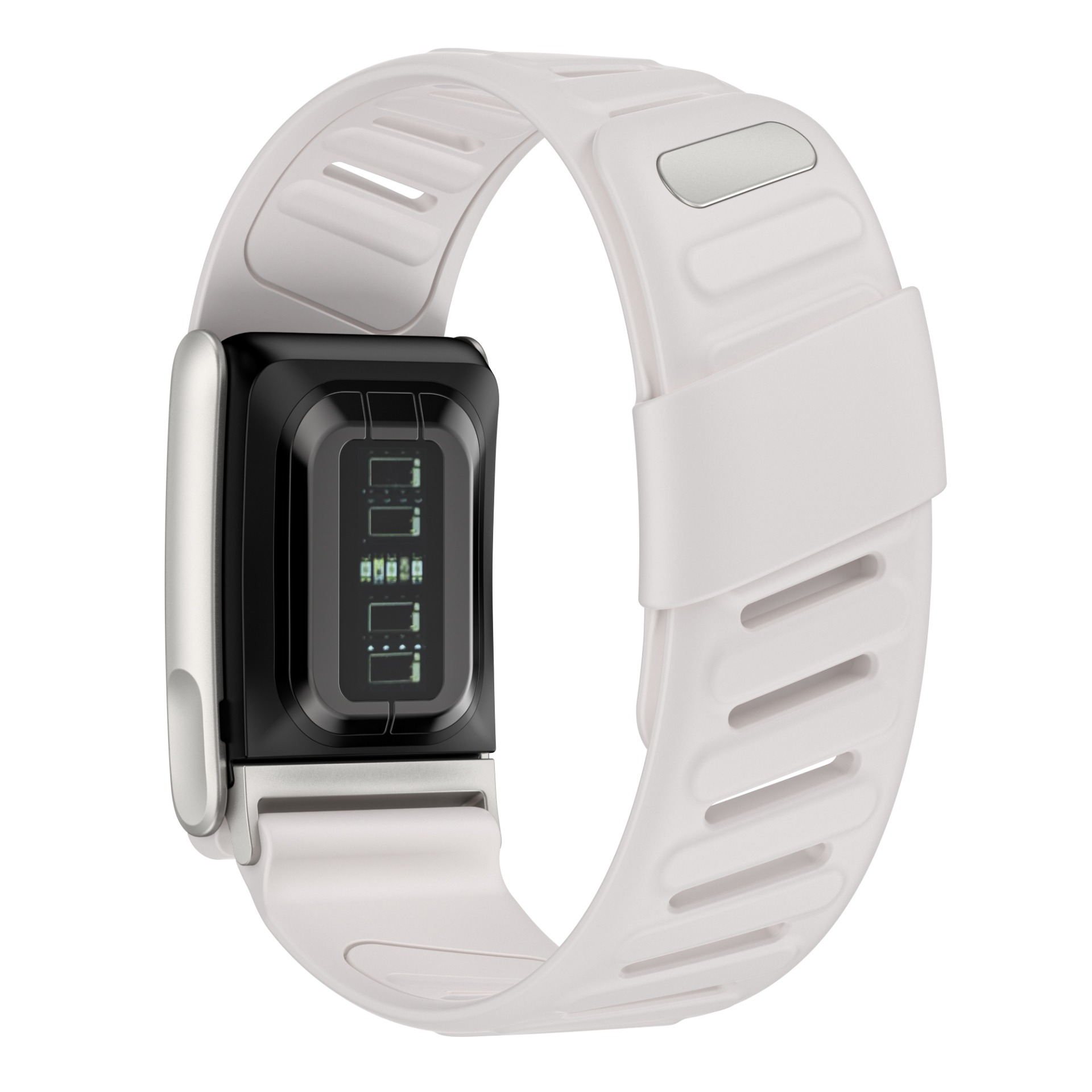 Eine weiße Smartwatch mit schwarzem Display, das Daten anzeigt. Das Armband hat Schlitze. Silberne Details.
