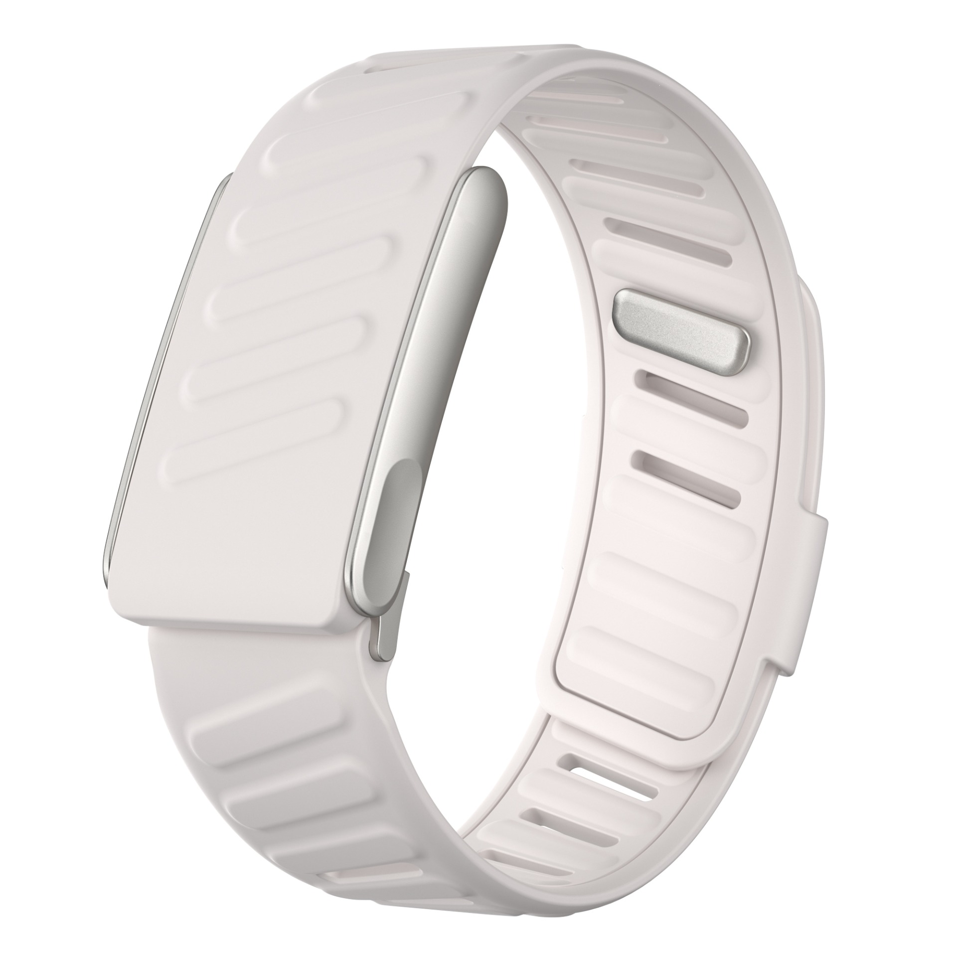 Ein weißer Fitness-Tracker mit gebogenem Bildschirm und geriffeltem Armband mit silbernen Akzenten. Isoliert auf weißem Hintergrund.