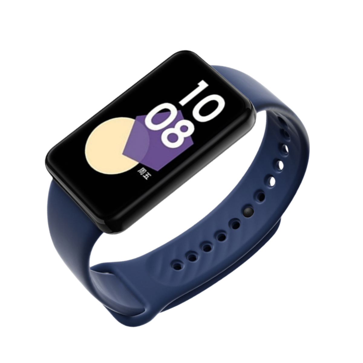 Uno smartwatch blu con schermo rettangolare nero che mostra l'ora 08:10. Anche il cinturino è blu.