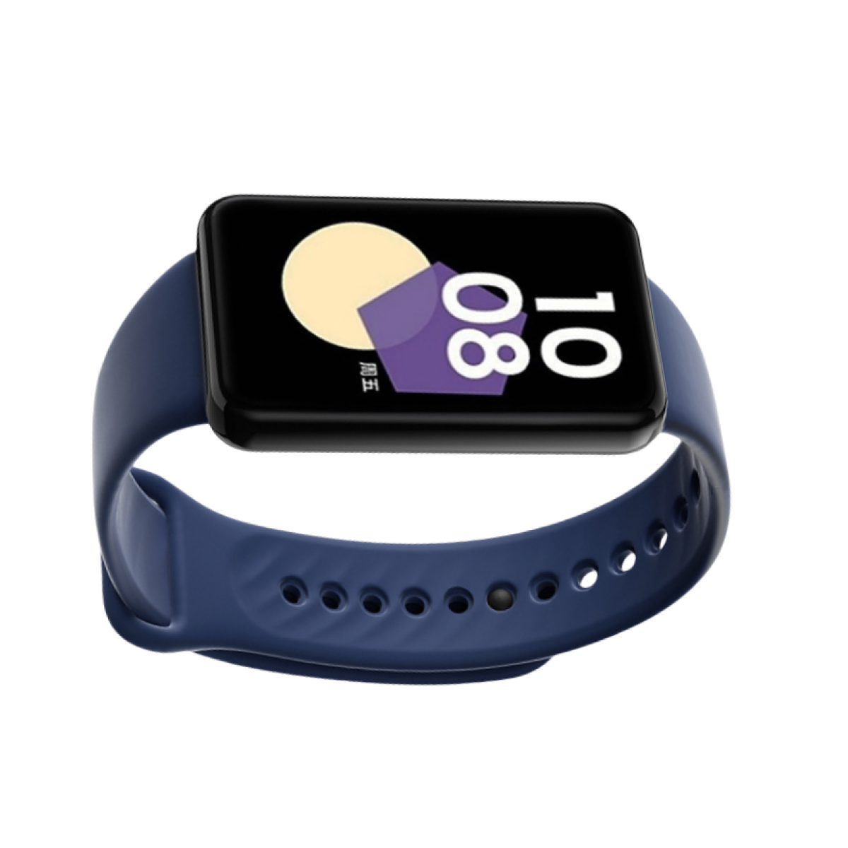 Uno smartwatch blu scuro con schermo rettangolare che mostra l'ora. L'orologio ha un cinturino blu ed è isolato.