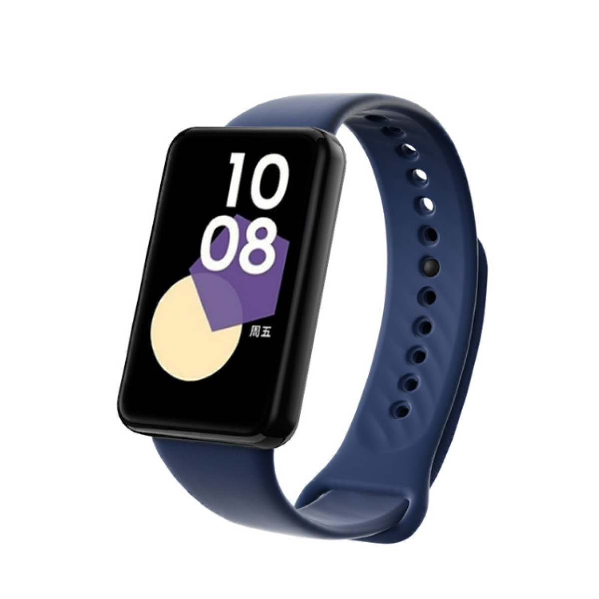 Uno smartwatch blu mostra la data 10/08. Lo schermo mostra una grafica viola e beige. Il cinturino è blu.