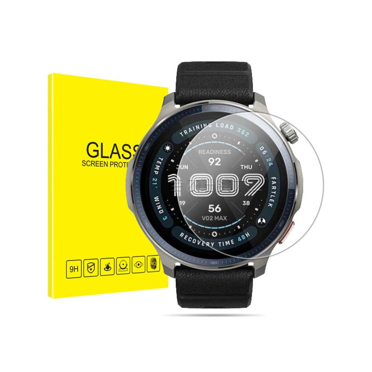 Uno smartwatch con cinturino in pelle nera e protezione schermo gialla. L'orologio mostra metriche di fitness.