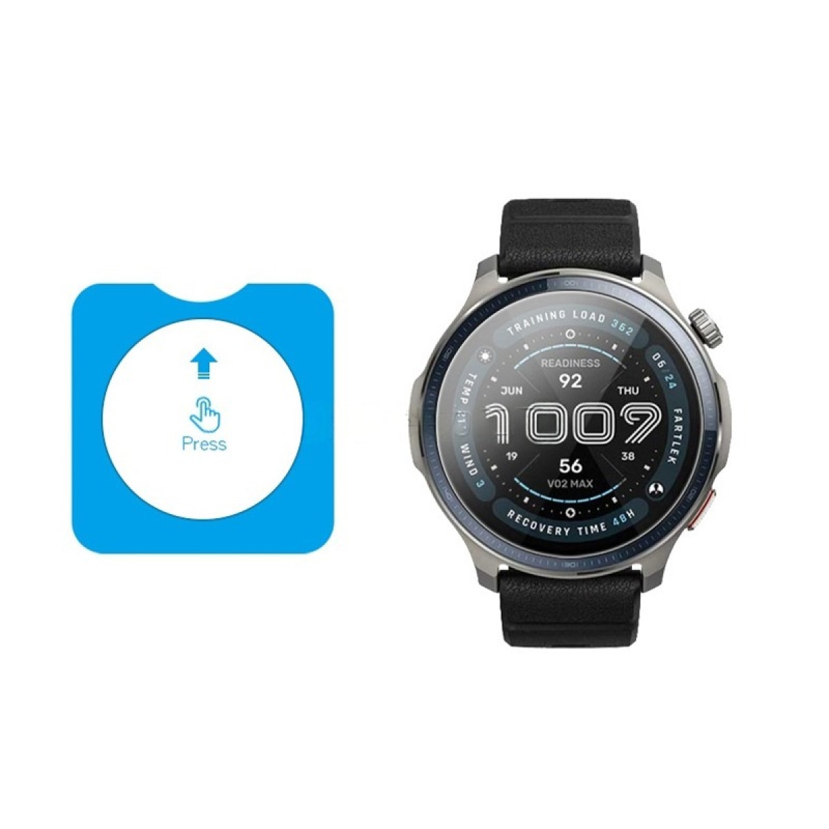 Uno smartwatch mostra dati e un quadrato blu con un simbolo di pressione.