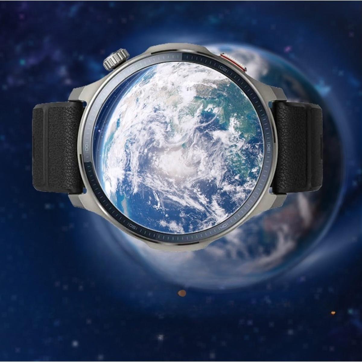Uno smartwatch con la Terra visualizzata sullo schermo, su uno sfondo stellato con una Terra sfocata sullo sfondo.
