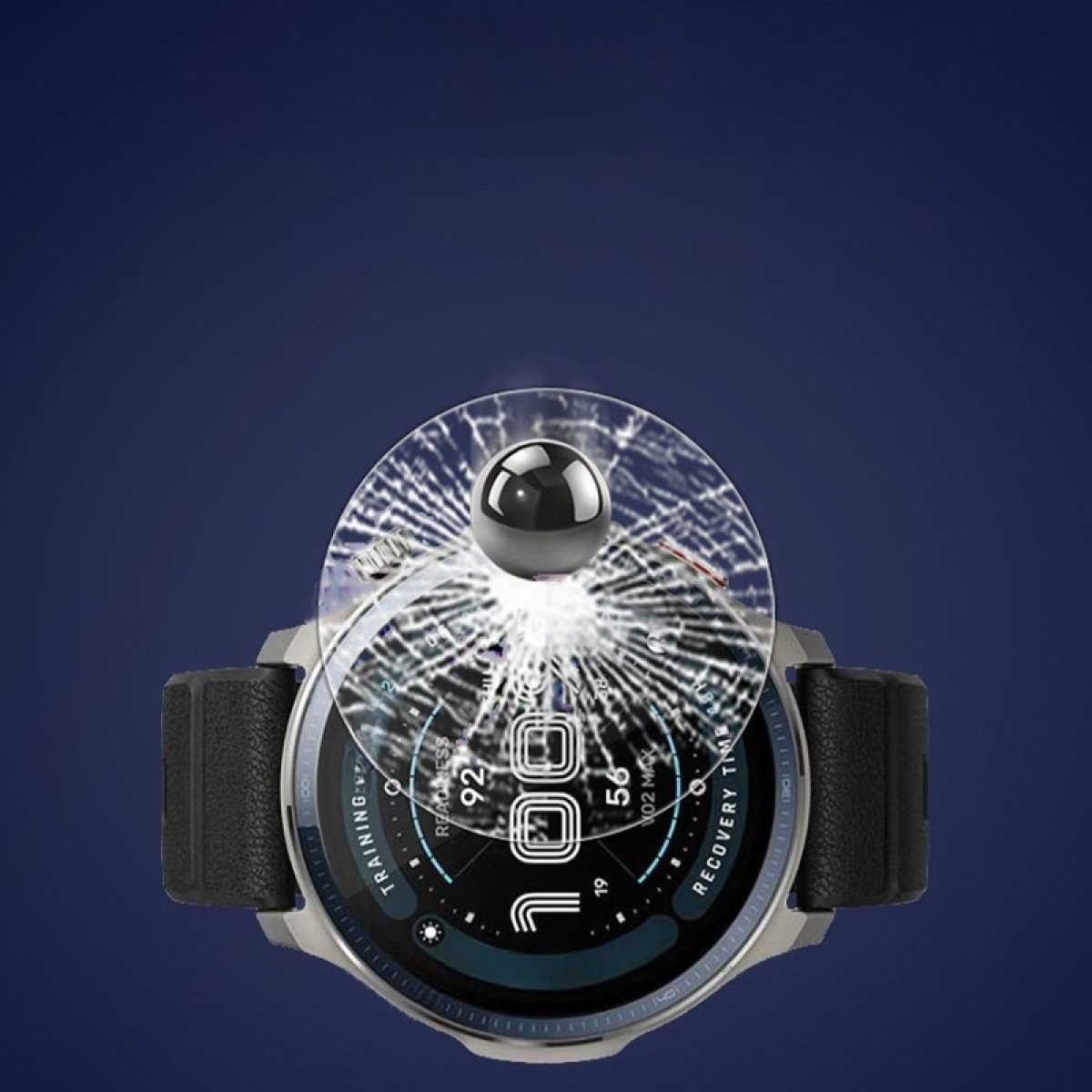 Uno smartwatch con schermo rotto, una sfera nera sopra. Lo sfondo è blu scuro.