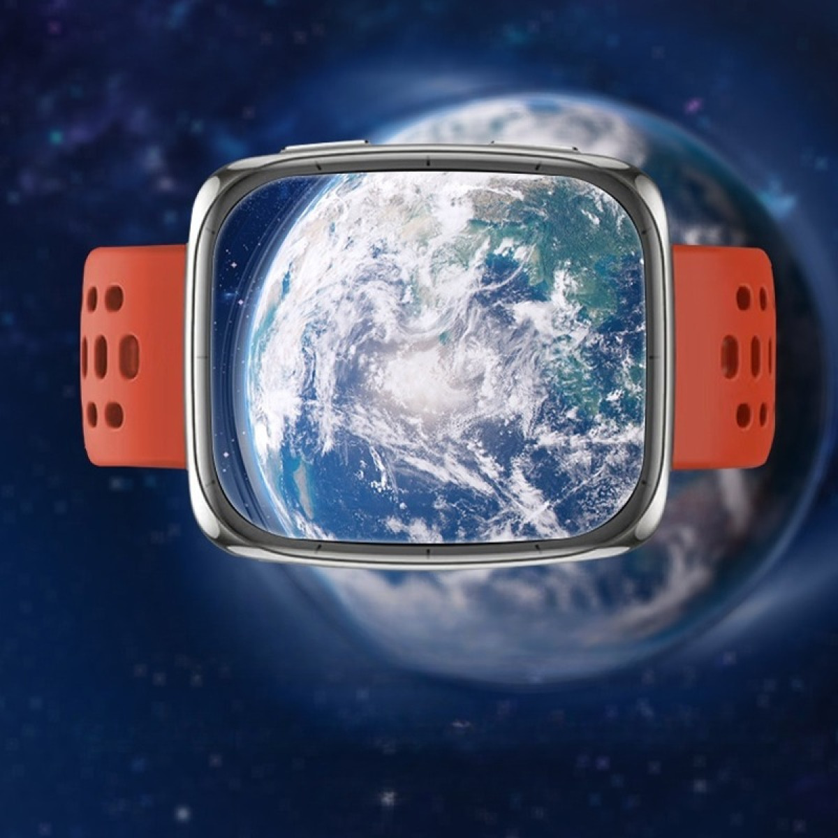 Uno smartwatch mostra l'immagine della Terra, su uno sfondo stellato. L'orologio ha un cinturino arancione.