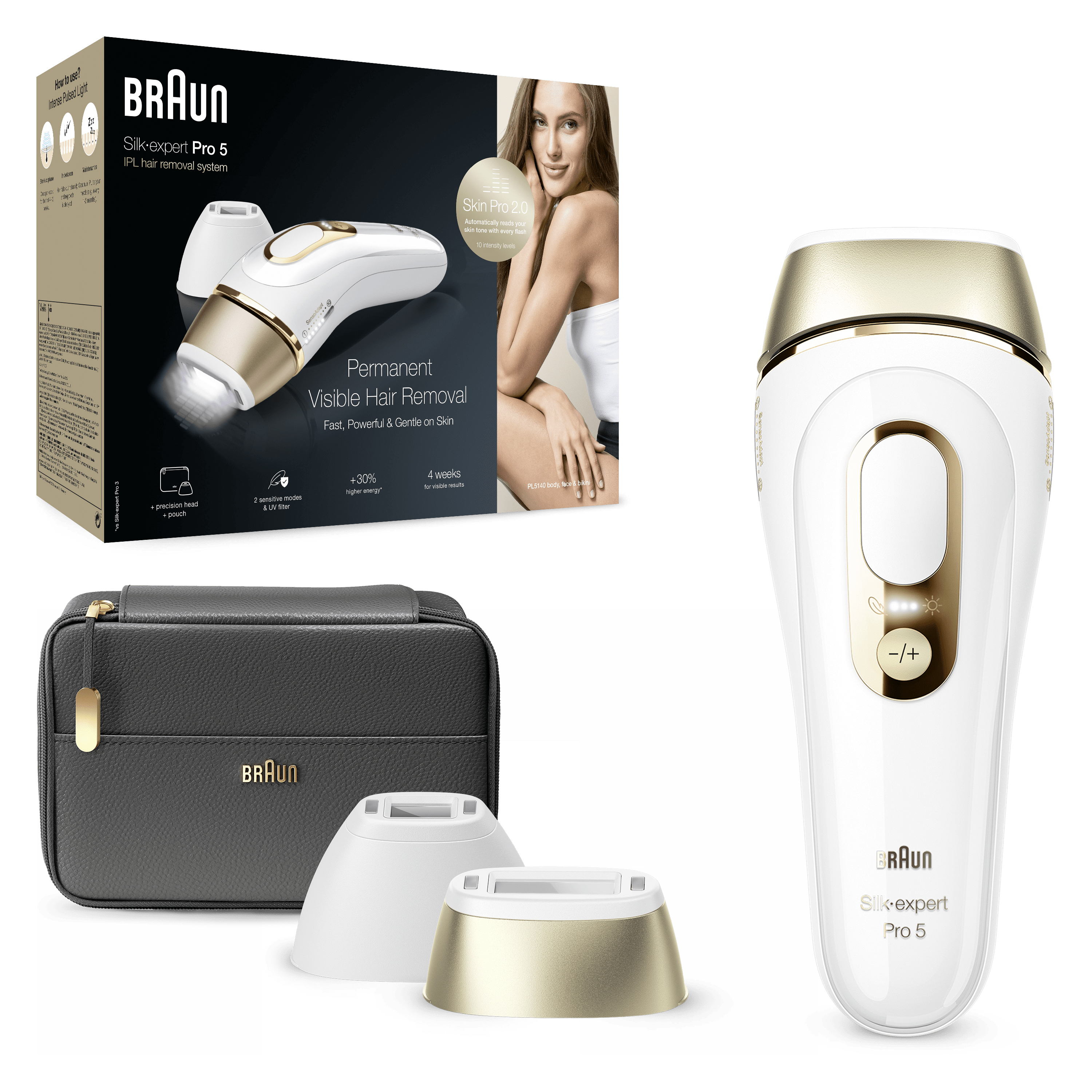 System do usuwania włosów IPL Braun Silk-expert Pro 5. Zawiera urządzenie, etui i akcesoria. Schemat kolorów biały i złoty. Kobieta się uśmiecha.