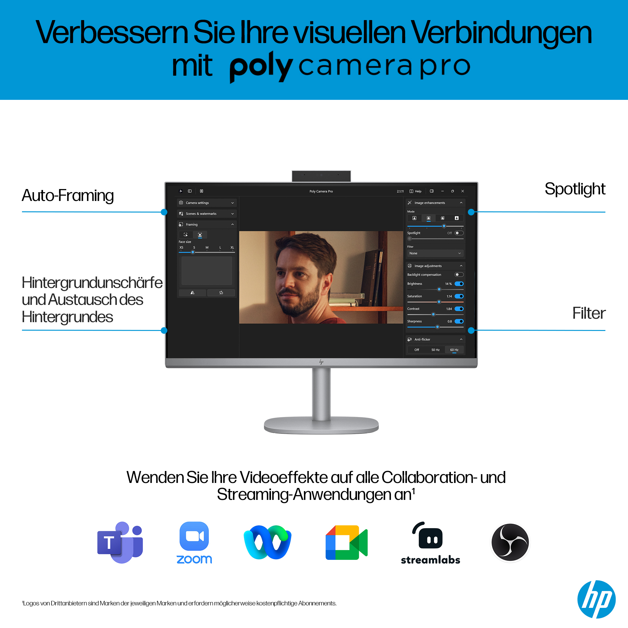 Monitor wyświetla ustawienia wideo, z mężczyzną w centrum. Opcje obejmują automatyczne kadrowanie, reflektor i filtr.