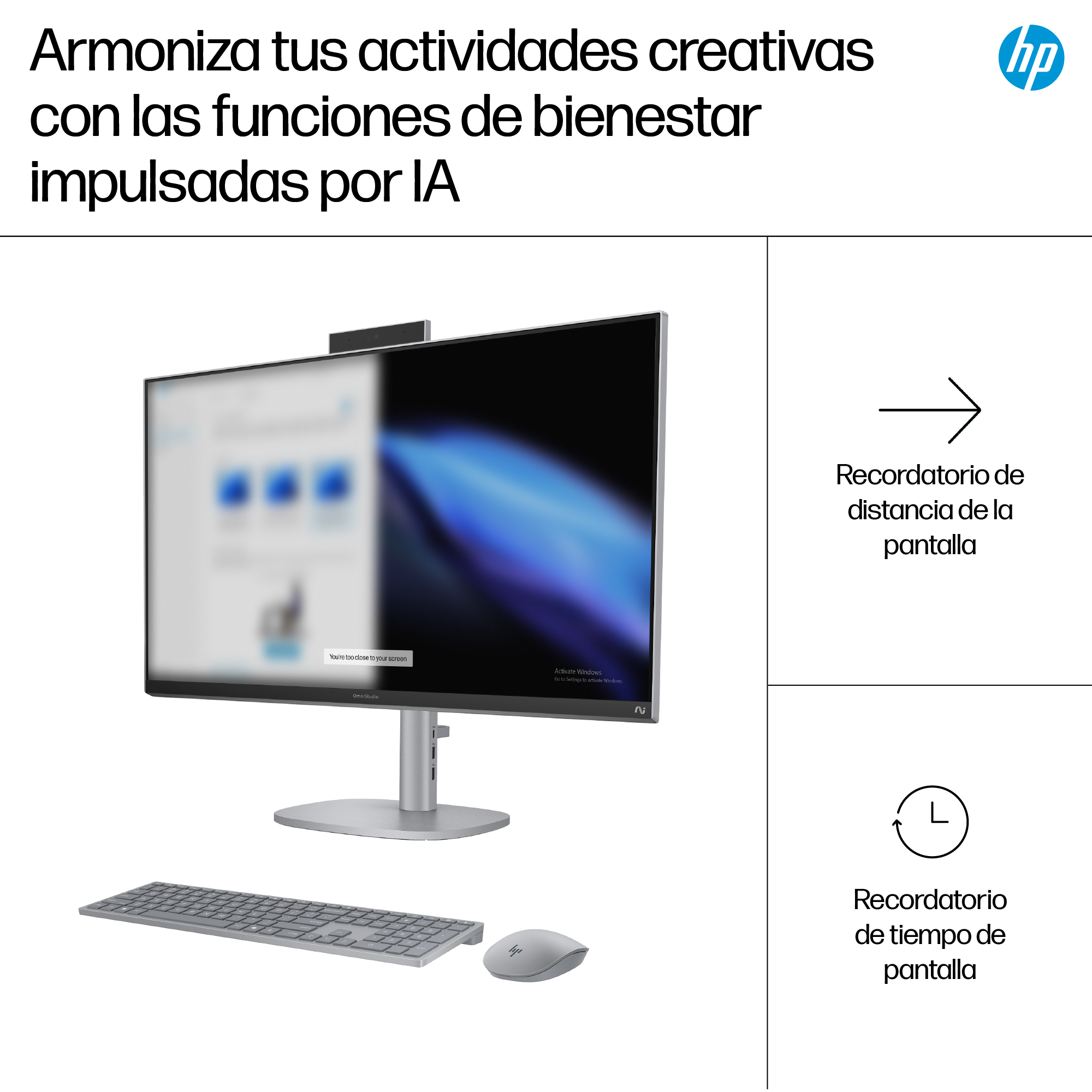 Monitor HP con teclado y ratón. La pantalla muestra una interfaz borrosa. Texto en español menciona funciones de IA.