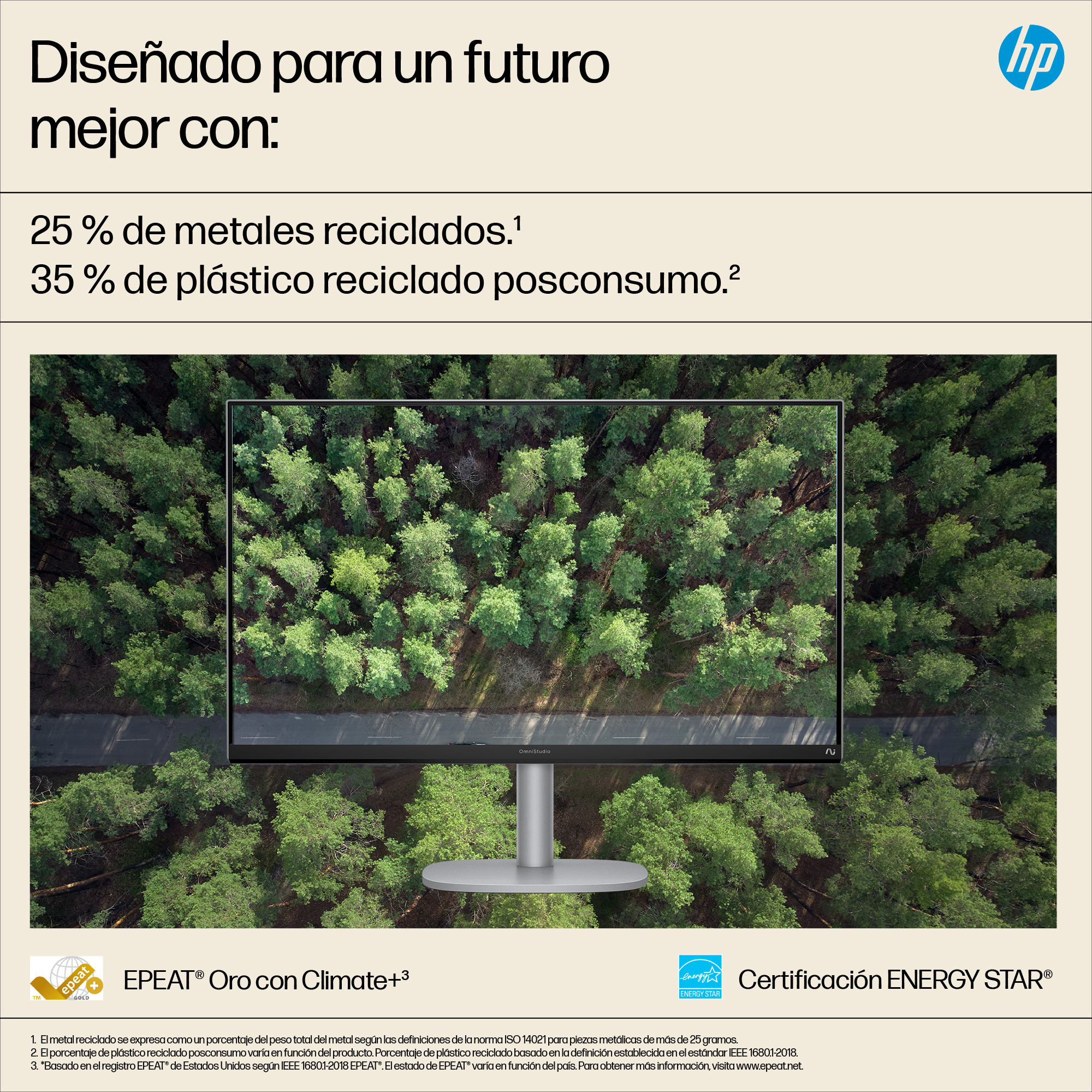Un monitor HP muestra una imagen de un bosque, promoviendo materiales reciclados: 25% metal, 35% plástico. Tiene certificación Energy Star.