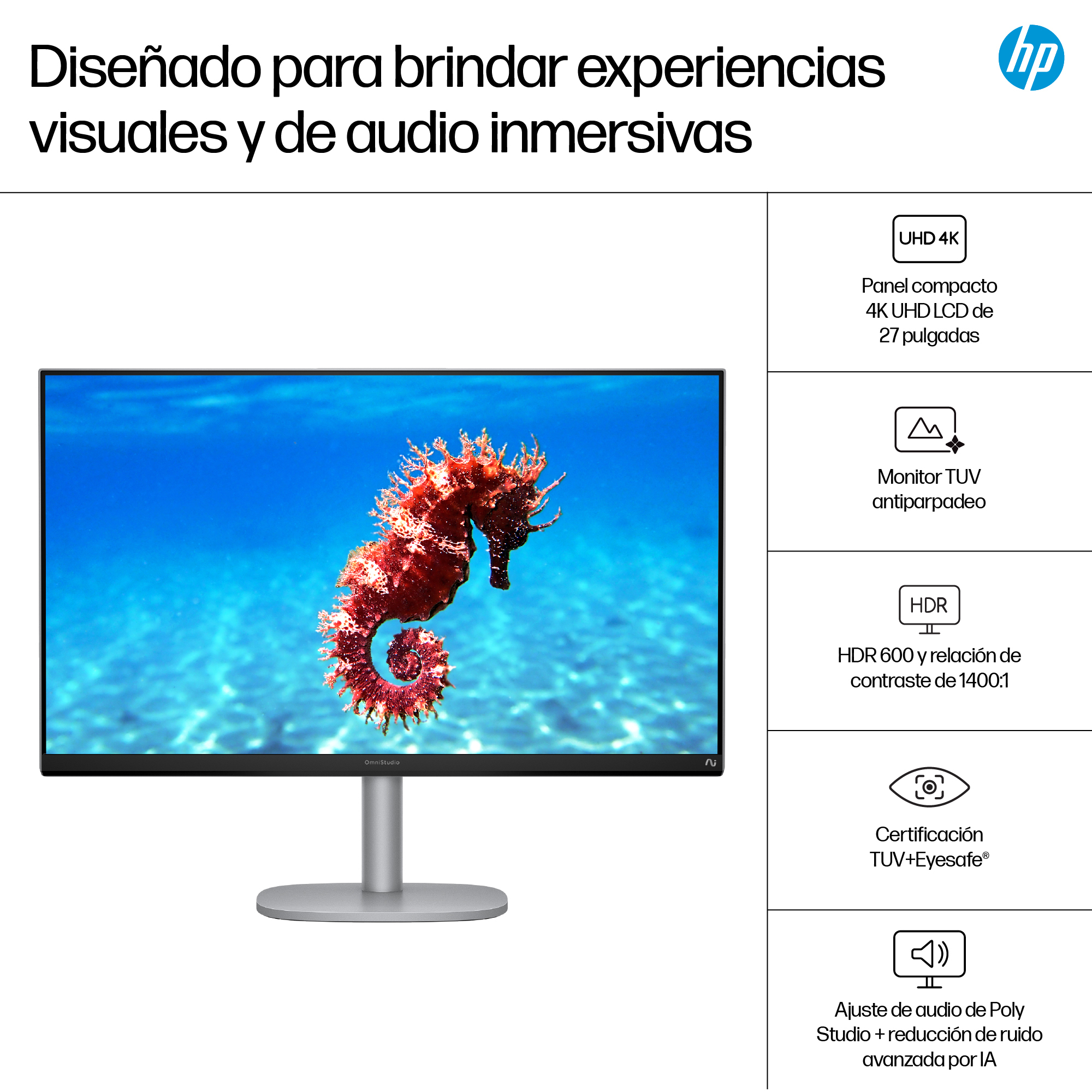 Un monitor muestra un caballito de mar en el océano. La pantalla está rodeada de especificaciones y el logo de HP.