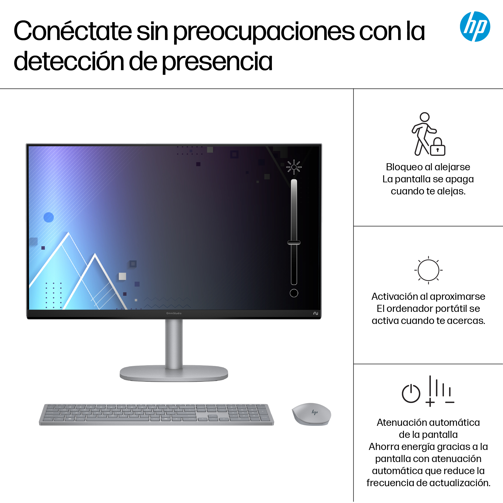 Un monitor HP con teclado y ratón. La pantalla muestra gráficos. El texto describe las funciones de la pantalla, como la atenuación automática.