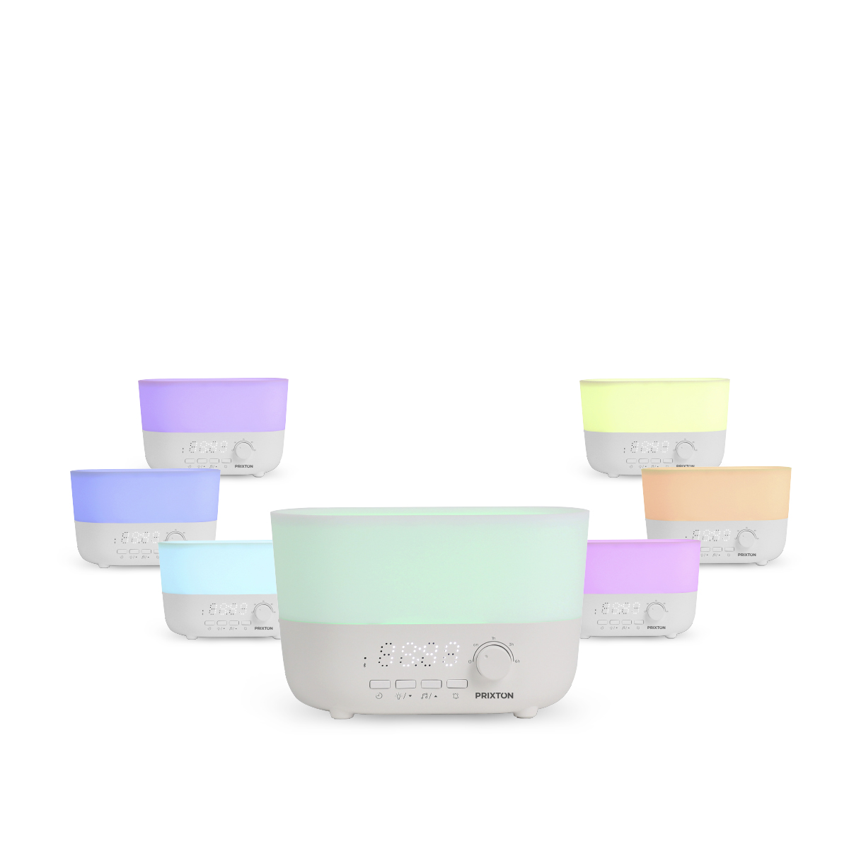 Kilka białych dyfuzorów z kolorowymi światłami. Centralny jest zielony, otoczony fioletowym, niebieskim, jasnoniebieskim, żółtym, pomarańczowym i różowym.