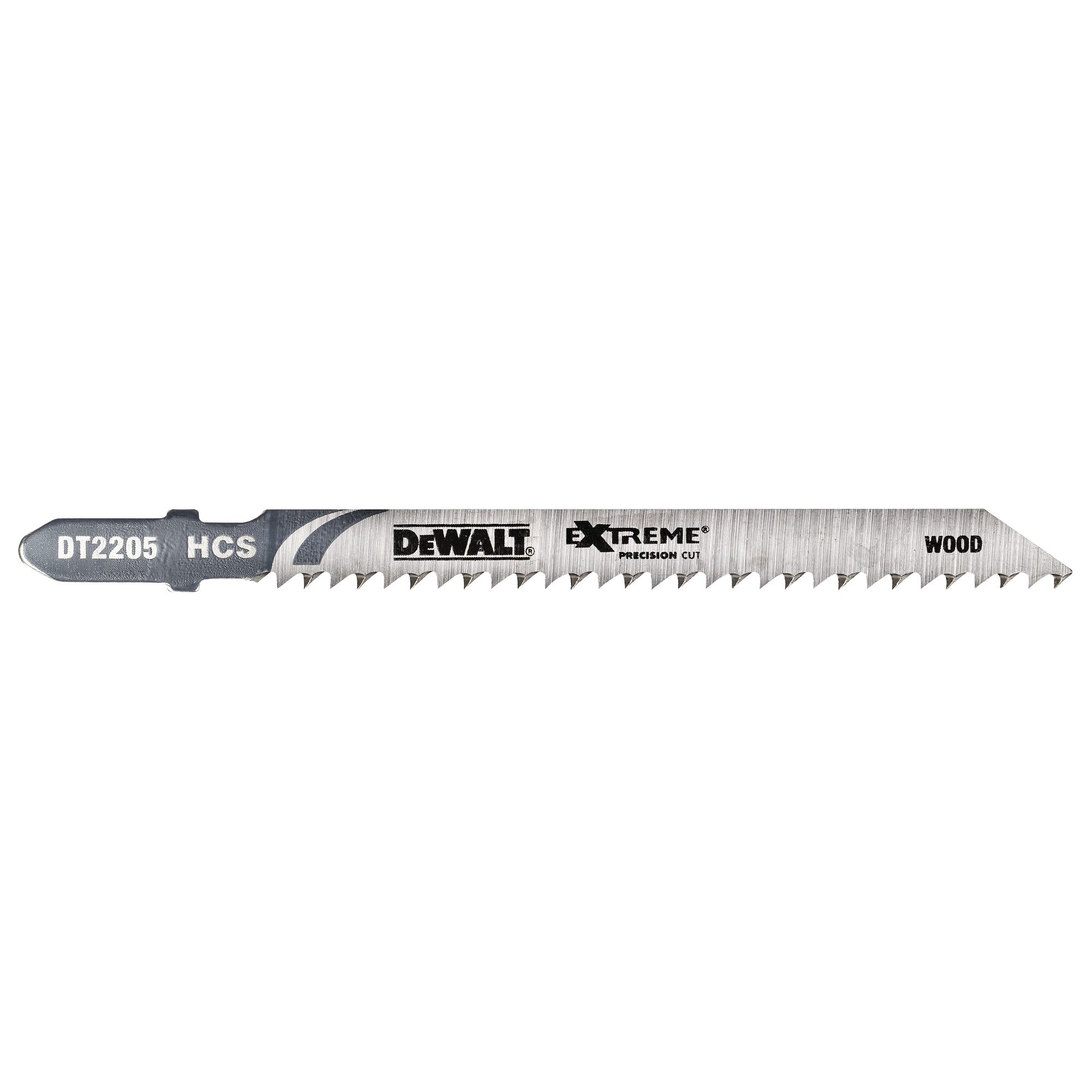 Una hoja de sierra para madera DeWalt Extreme sobre fondo blanco. Tiene impreso DT2205 HCS, DEWALT y WOOD.