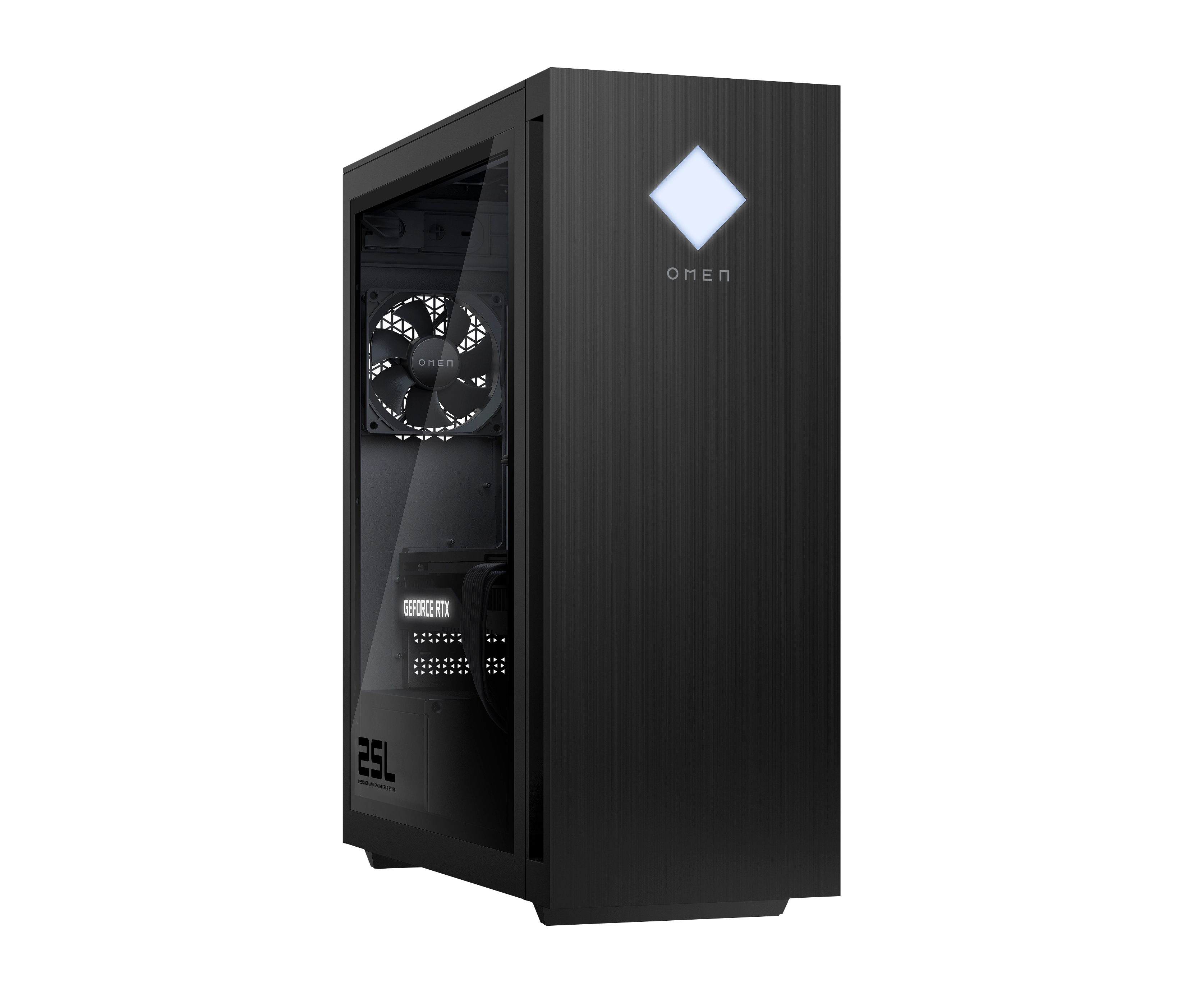 Czarna obudowa komputera do gier OMEN ze szklanym panelem bocznym, podświetlanym logo i komponentami wewnętrznymi.