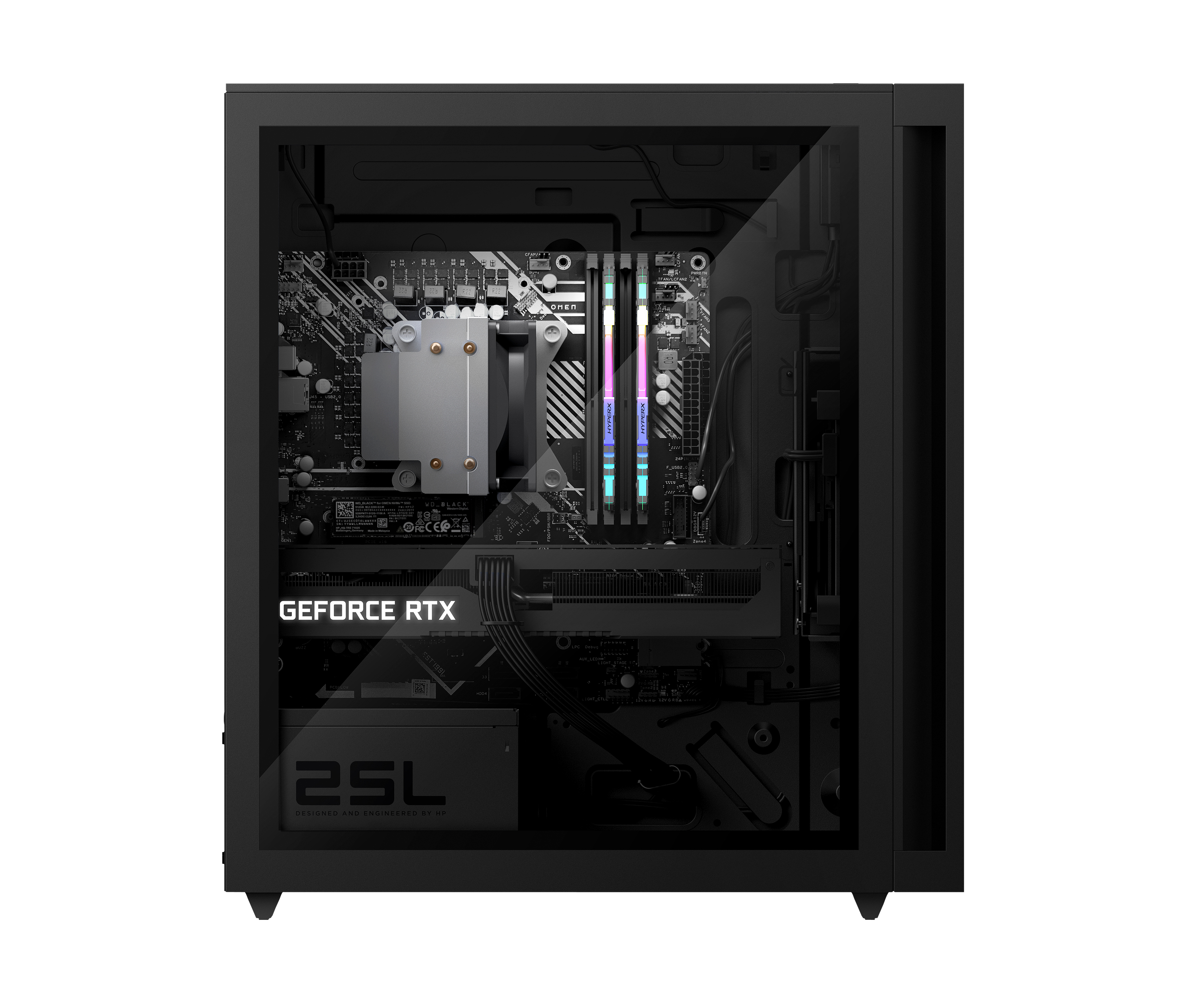 Czarna obudowa komputera pokazuje wewnętrzne komponenty, w tym kartę graficzną, pamięć RAM i chłodnicę CPU.