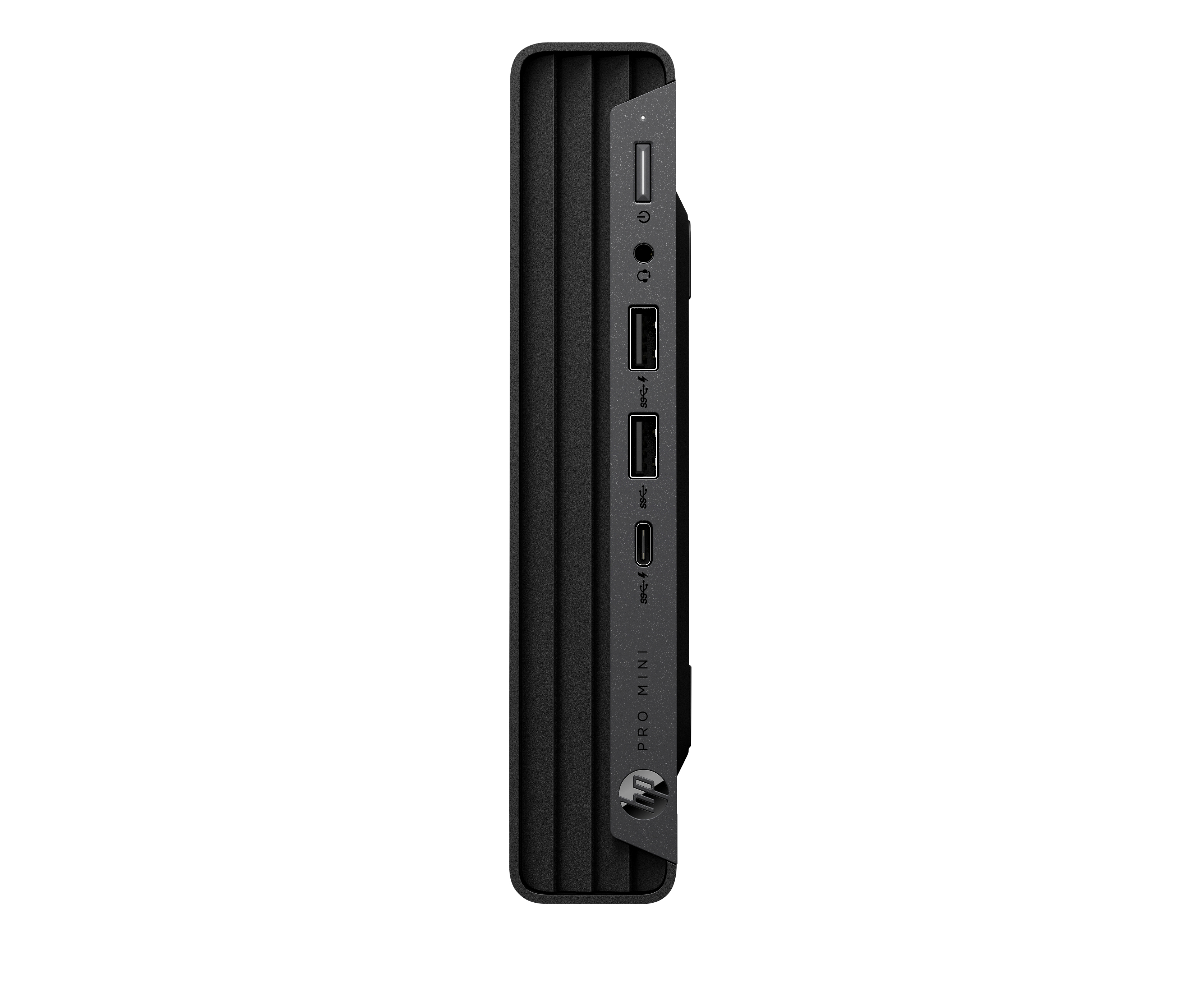 Vista laterale di un PC HP Pro Mini nero. Include porte USB e pulsante di accensione. Lo sfondo è bianco.