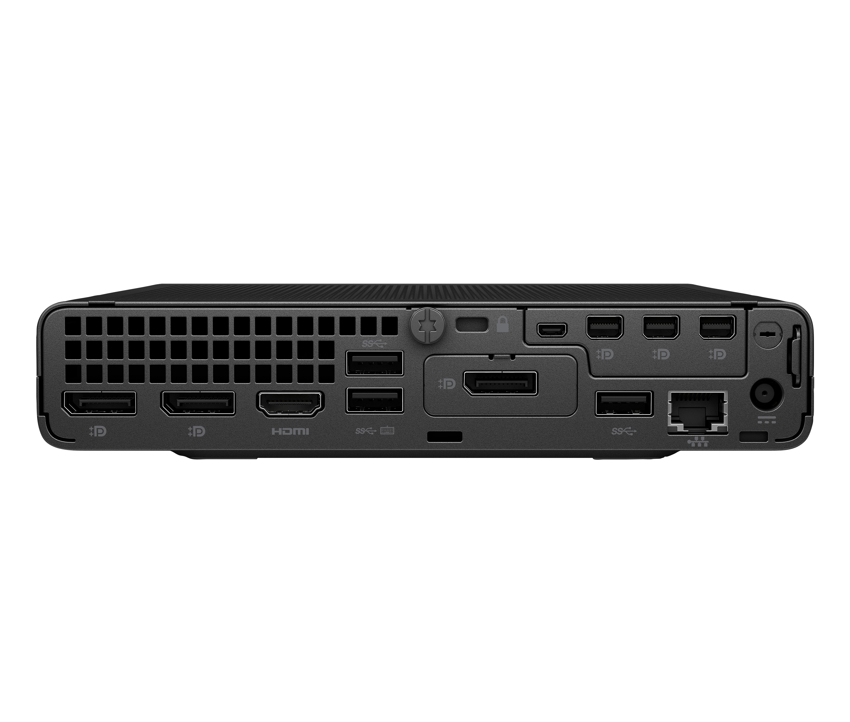 Een zwarte desktopcomputer met diverse poorten en ventilatiegaten. De poorten omvatten HDMI, USB en Ethernet.