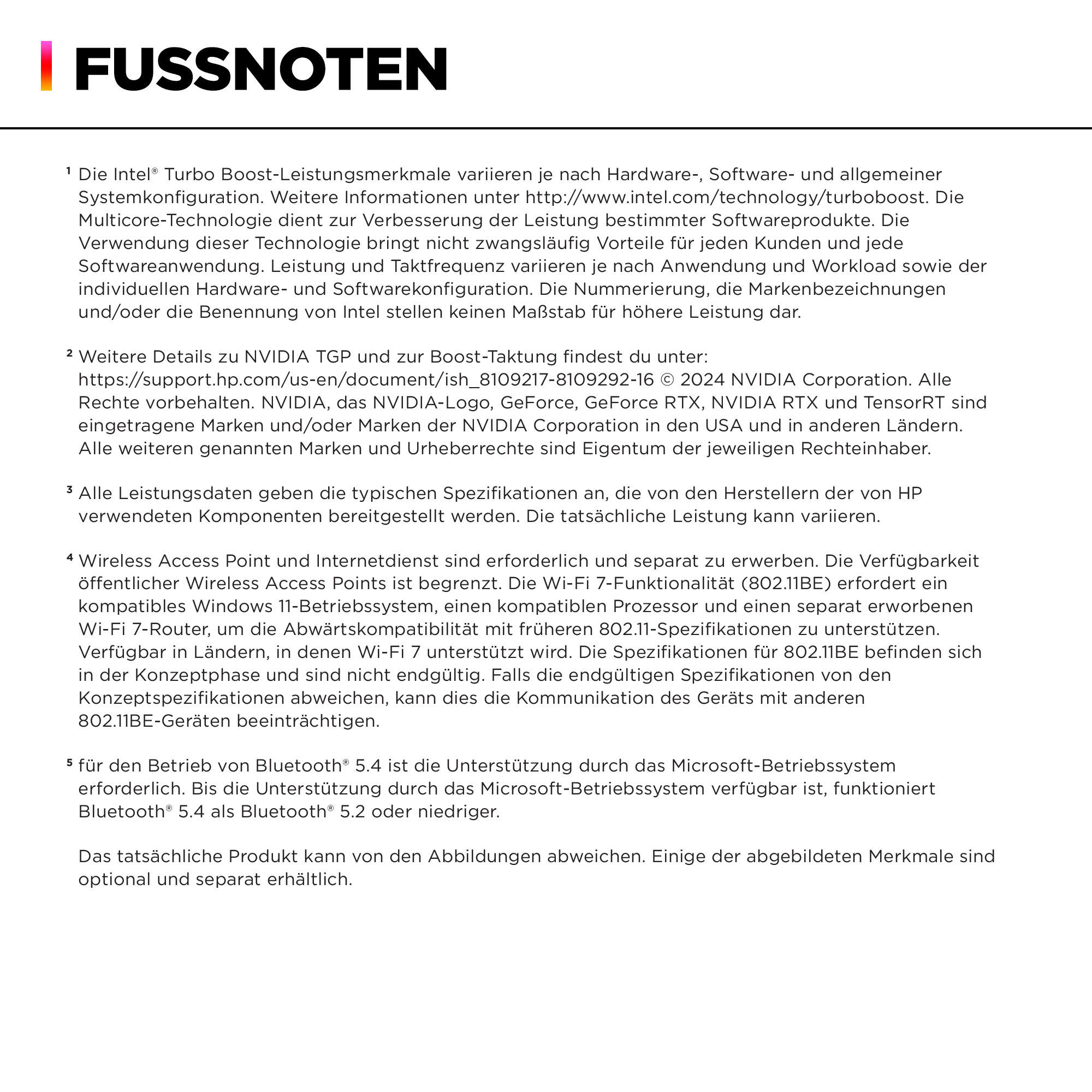 Dokument tekstowy z tytułem 'FUSSNOTEN' i numerowanymi przypisami. Zawiera informacje o technologii i specyfikacjach.