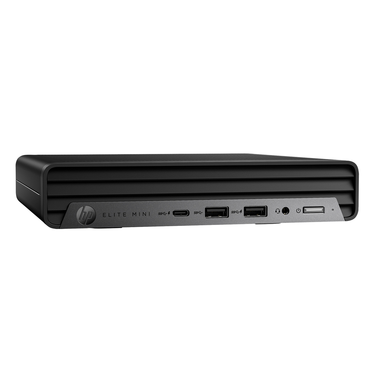 PC HP Elite Mini negro. La vista frontal muestra puertos, incluidos USB y audio. El logotipo de HP es visible.