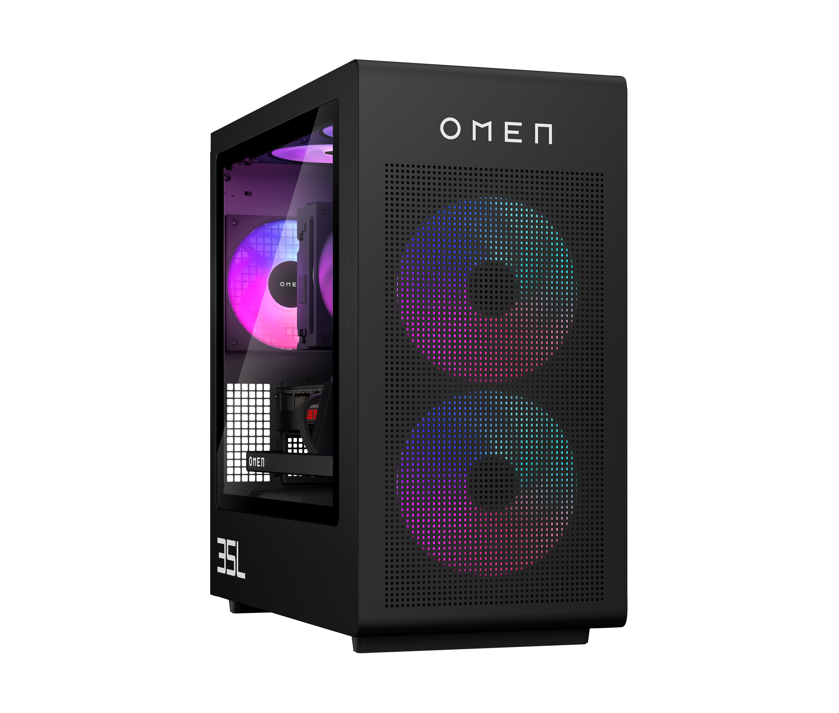 Zwarte OMEN computerkast met geperforeerd voorpaneel, twee oplichtende ventilatorlampen en OMEN logo. Glazen zijpaneel toont interne componenten.