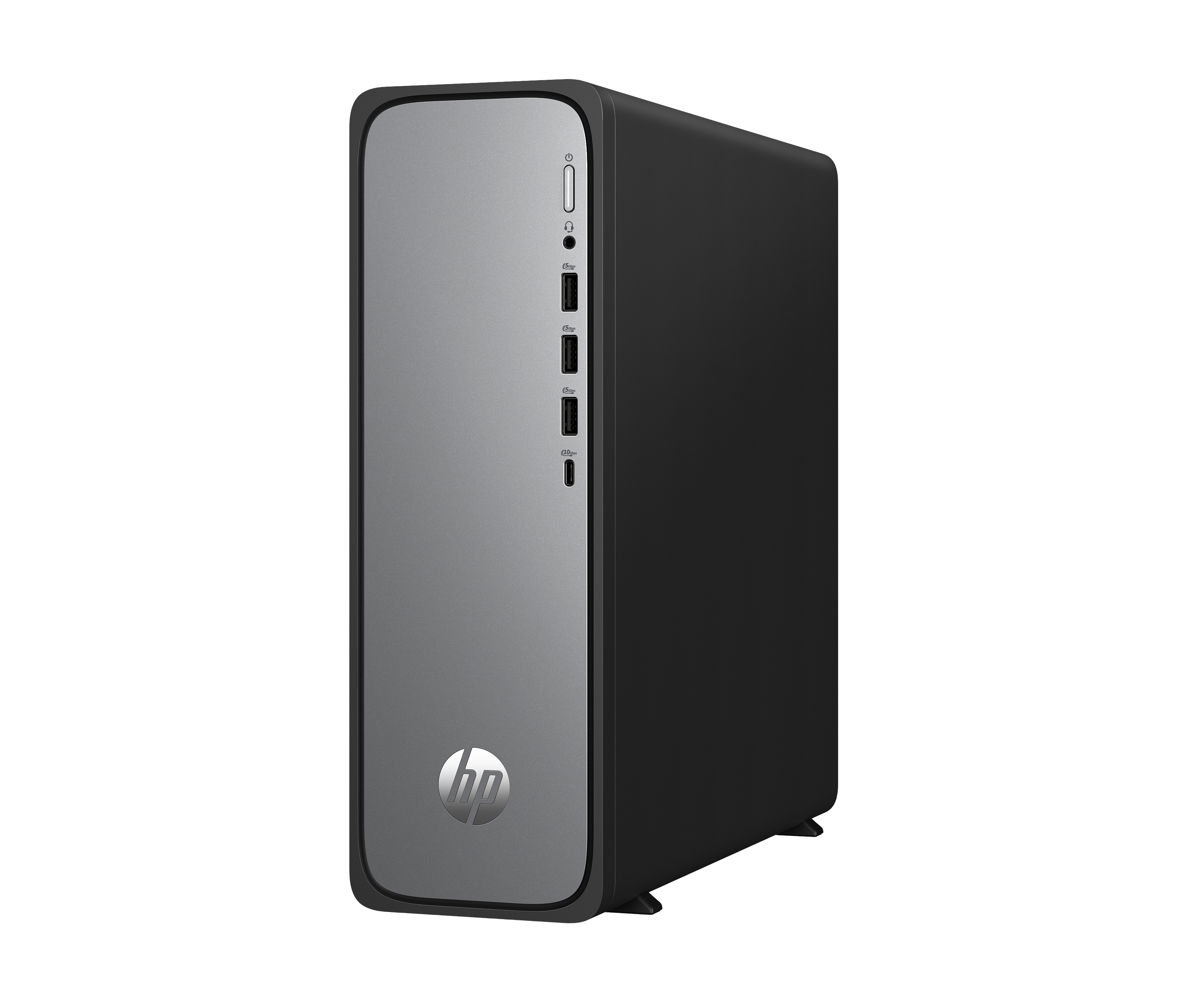 A black and gray HP desktop computer on a white background. The front has a power button, ports, and the HP logo.