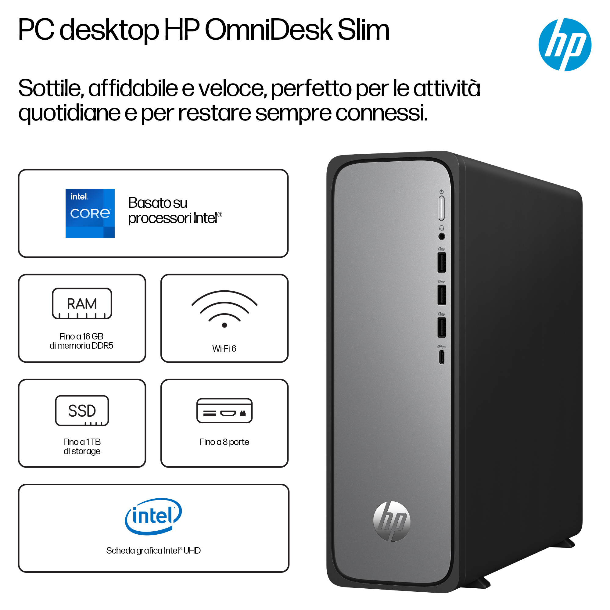 Komputer stacjonarny HP OmniDesk Slim. Czarno-srebrny komputer stacjonarny z Intel, RAM, SSD i Wi-Fi 6. Widoczne logo HP.