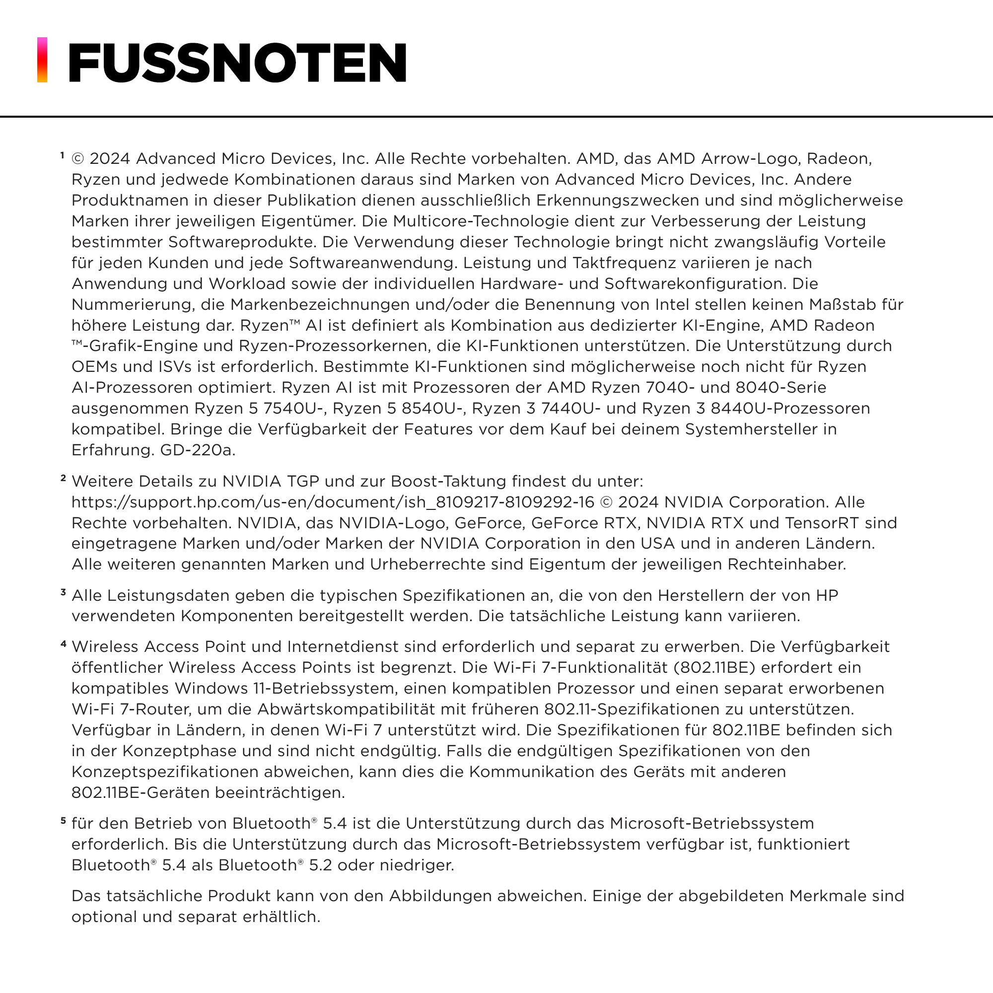 Dokument tekstowy z przypisami o specyfikacjach produktów i znakach towarowych, w tym AMD i NVIDIA.